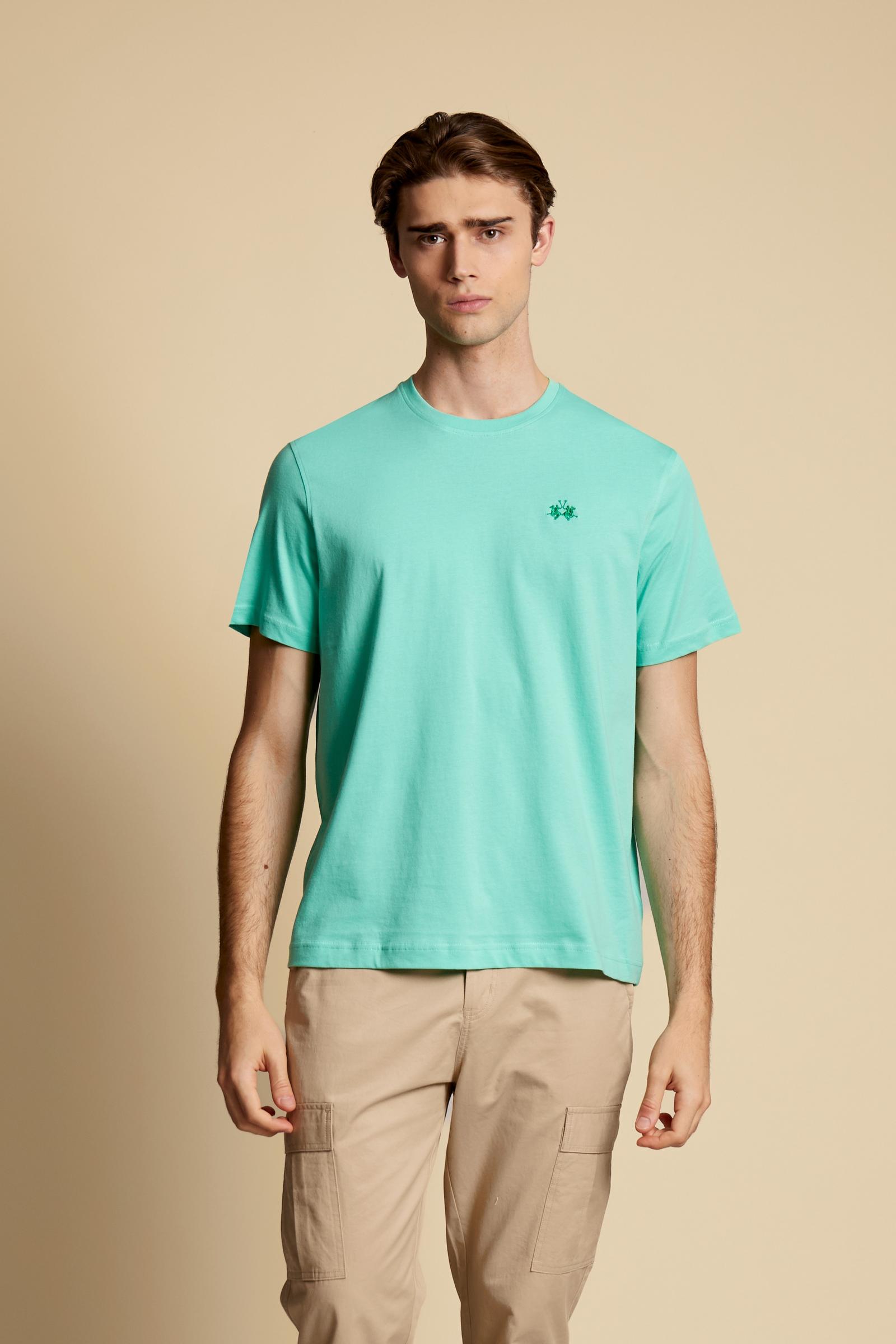 Men’s cotton jersey T-shirt with regular fit and ribbed crew neck. Small contrast embroidered logo. - Opal