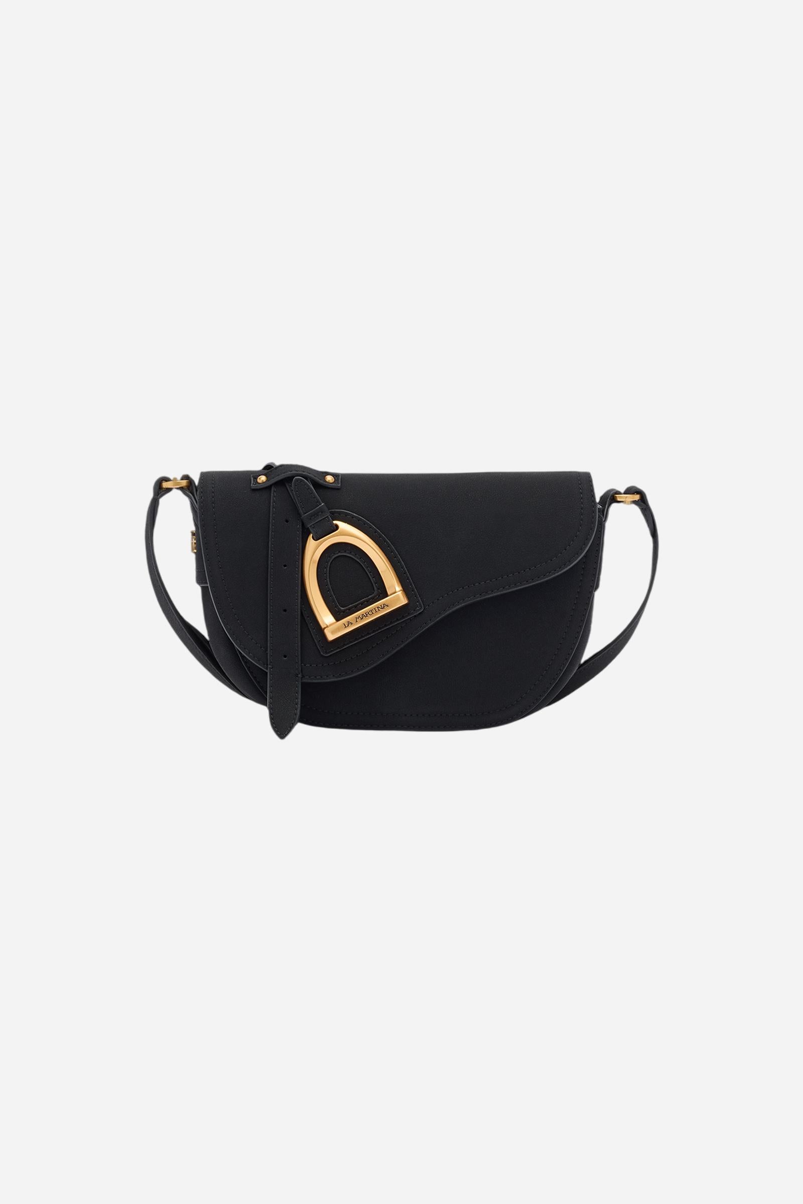 Small crossbody bag in nubuck, compact and velvety, with shaped flap closed by hidden magnet and golden logo buckle on the front. The strap is fixed. Dimensions:24 x 17 x 8 - Black