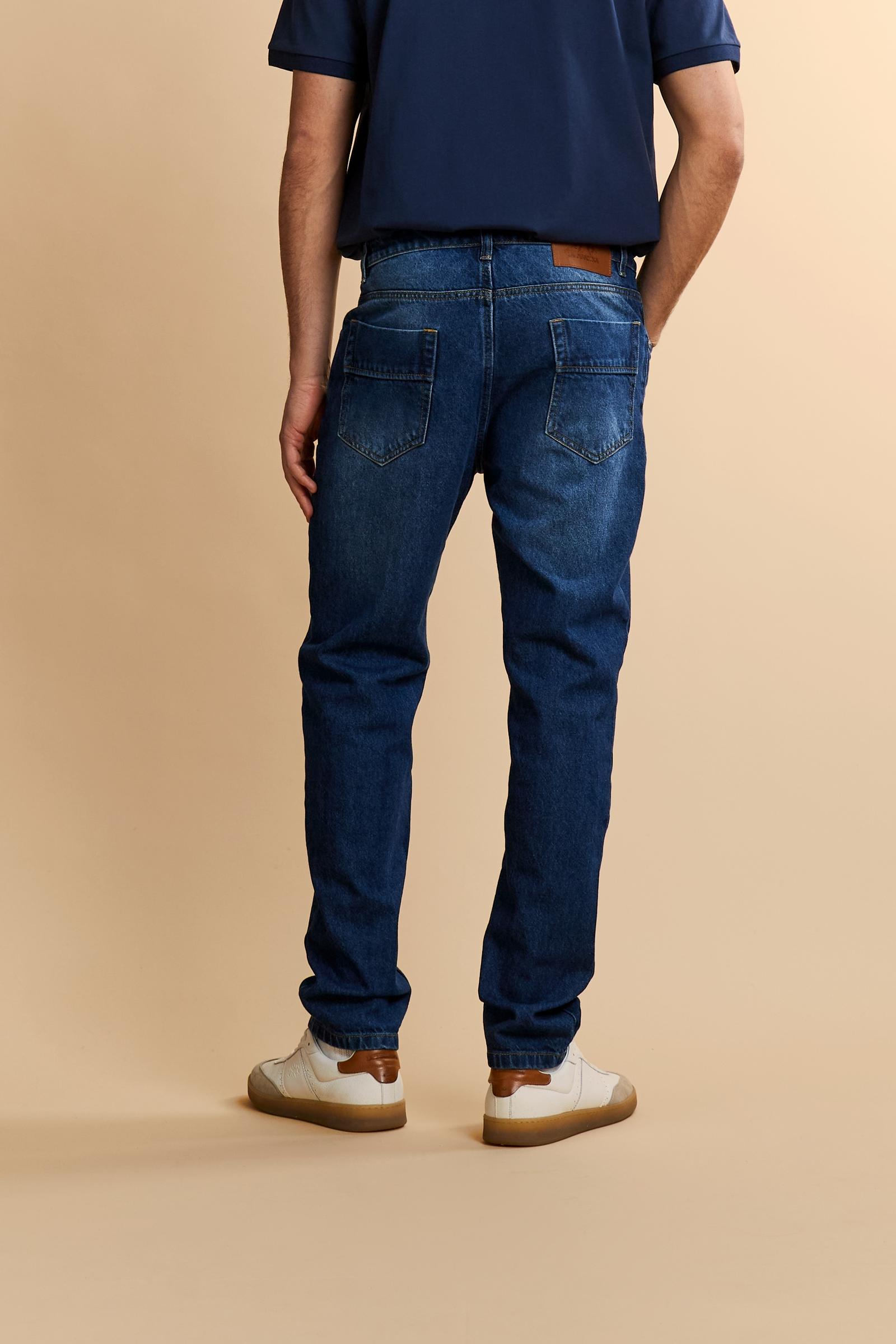 Five-pocket jeans in stretch cotton denim with branded rivets and button. Regular waist and slim leg. Embroidered logo on coin pocket and branded label on the back. - Dark Indigo Denim