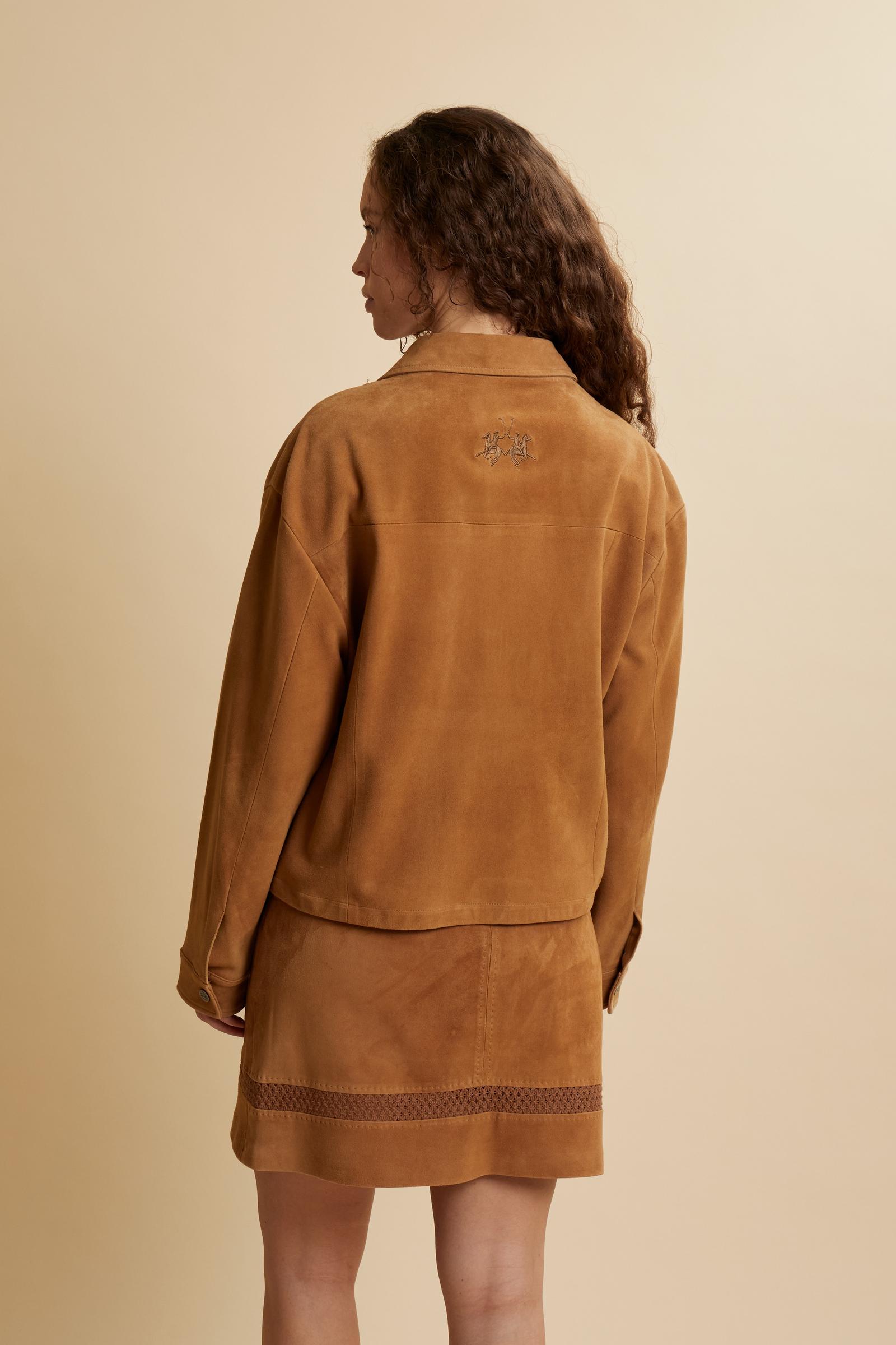Women’s soft suede jacket in tobacco color with front zip closure. Patch pockets and maxi embroidered logo on the back. - Monk's Robe