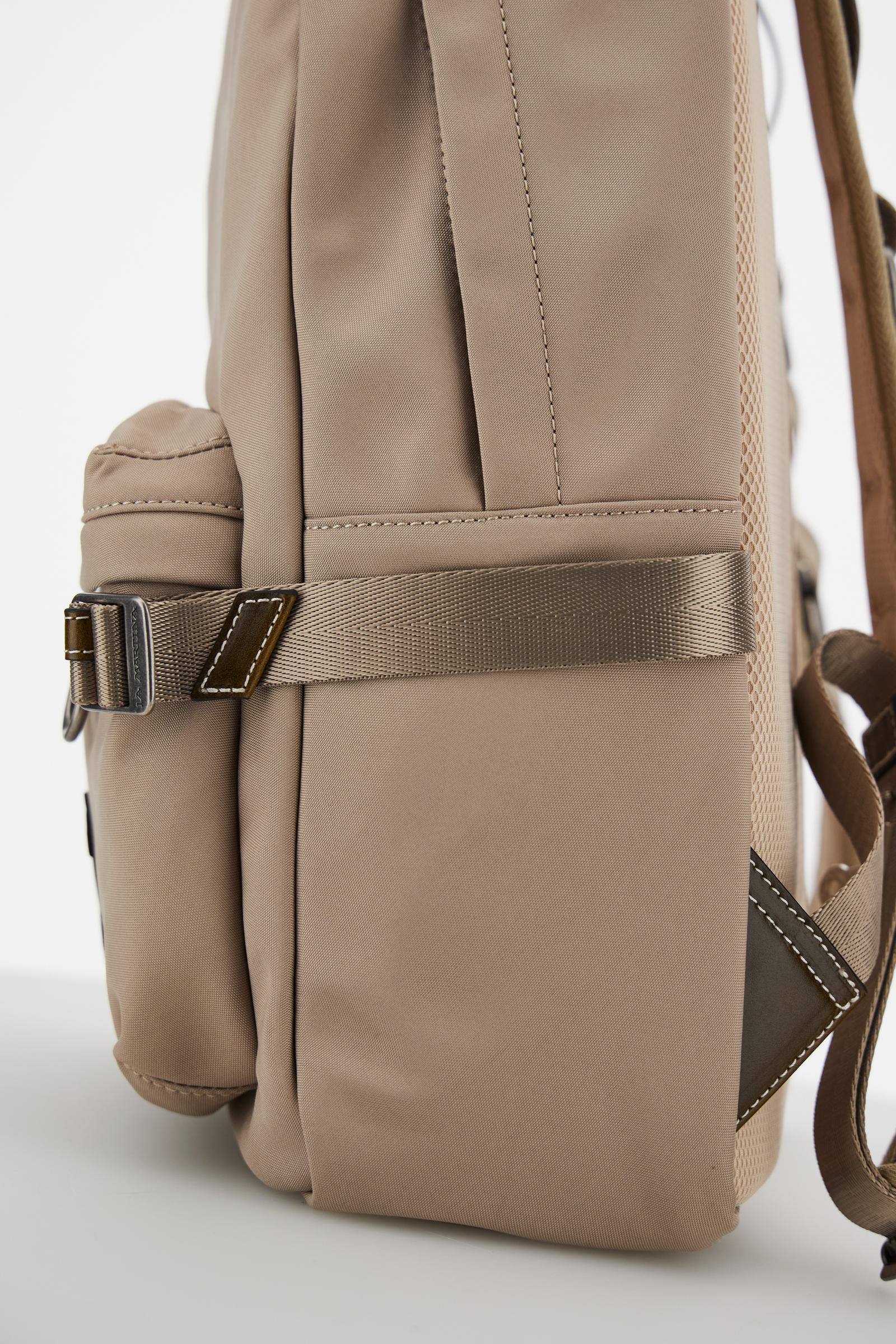 Backpack in matte technical canvas with eco-leather contrast details and applied maxi logo, modern and minimal design. - Gaucho / Olive