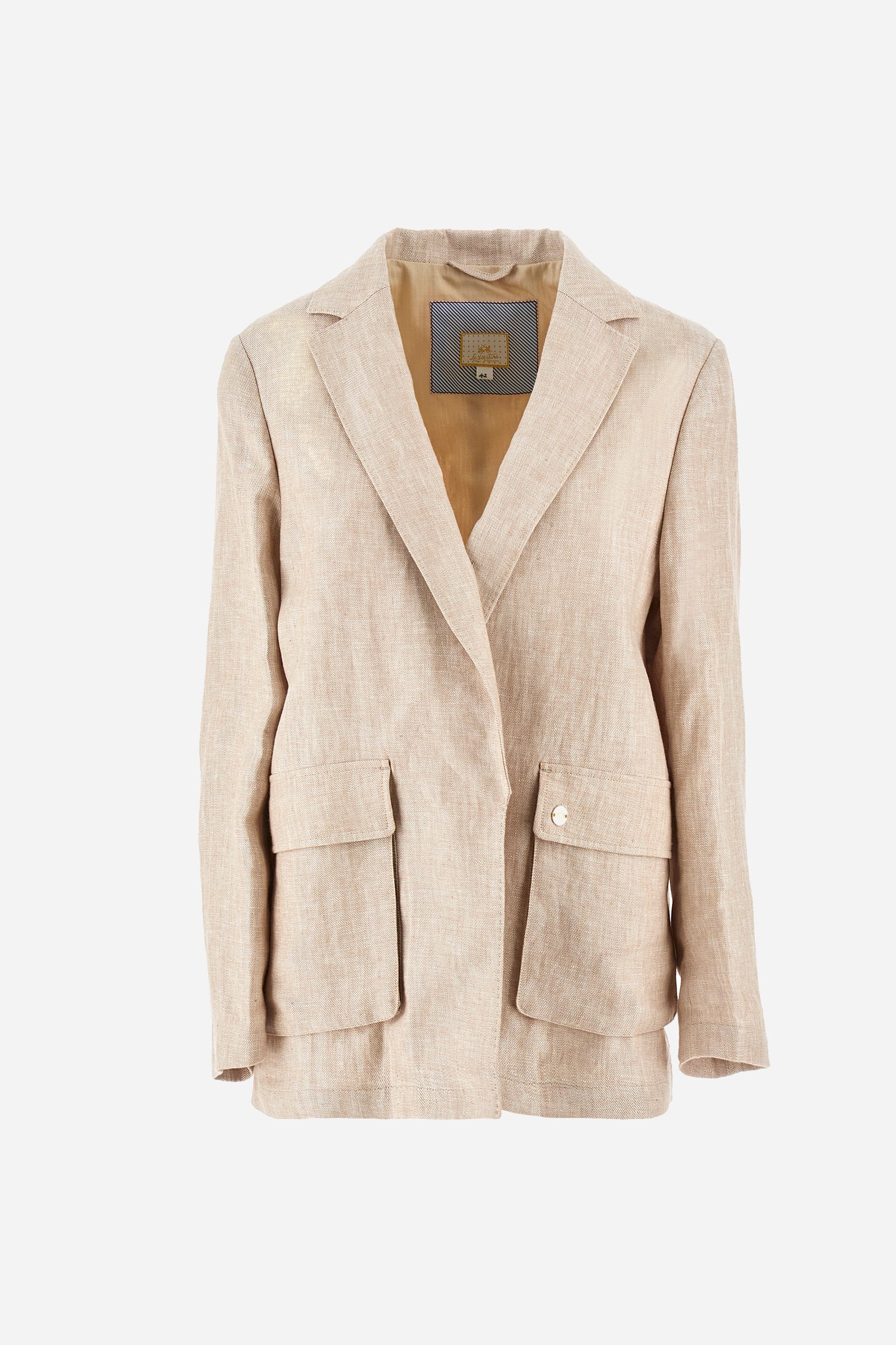 Single-colour long-sleeved women's blazer, made of 100% linen. Silhouette with single button fastening. With two pockets on the front. The logo is present on a metal plate sewn on one of the pockets. The fit is regular. The model wears a size IT42. - Tidal Foam