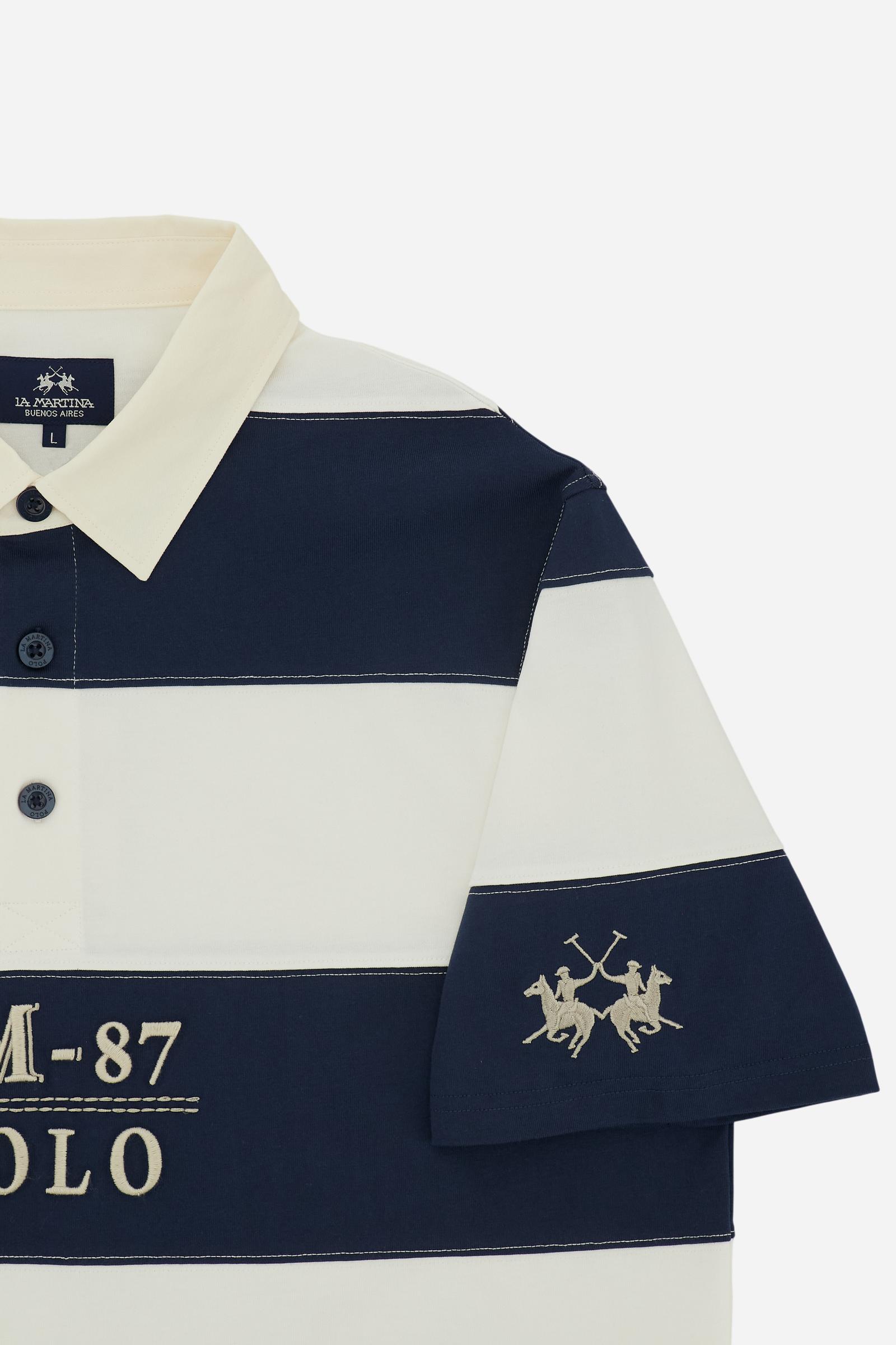 Men’s rugby polo in heavy cotton jersey with striped design and contemporary fit. Heritage embroidery on chest and sleeves. - Off White/Navy