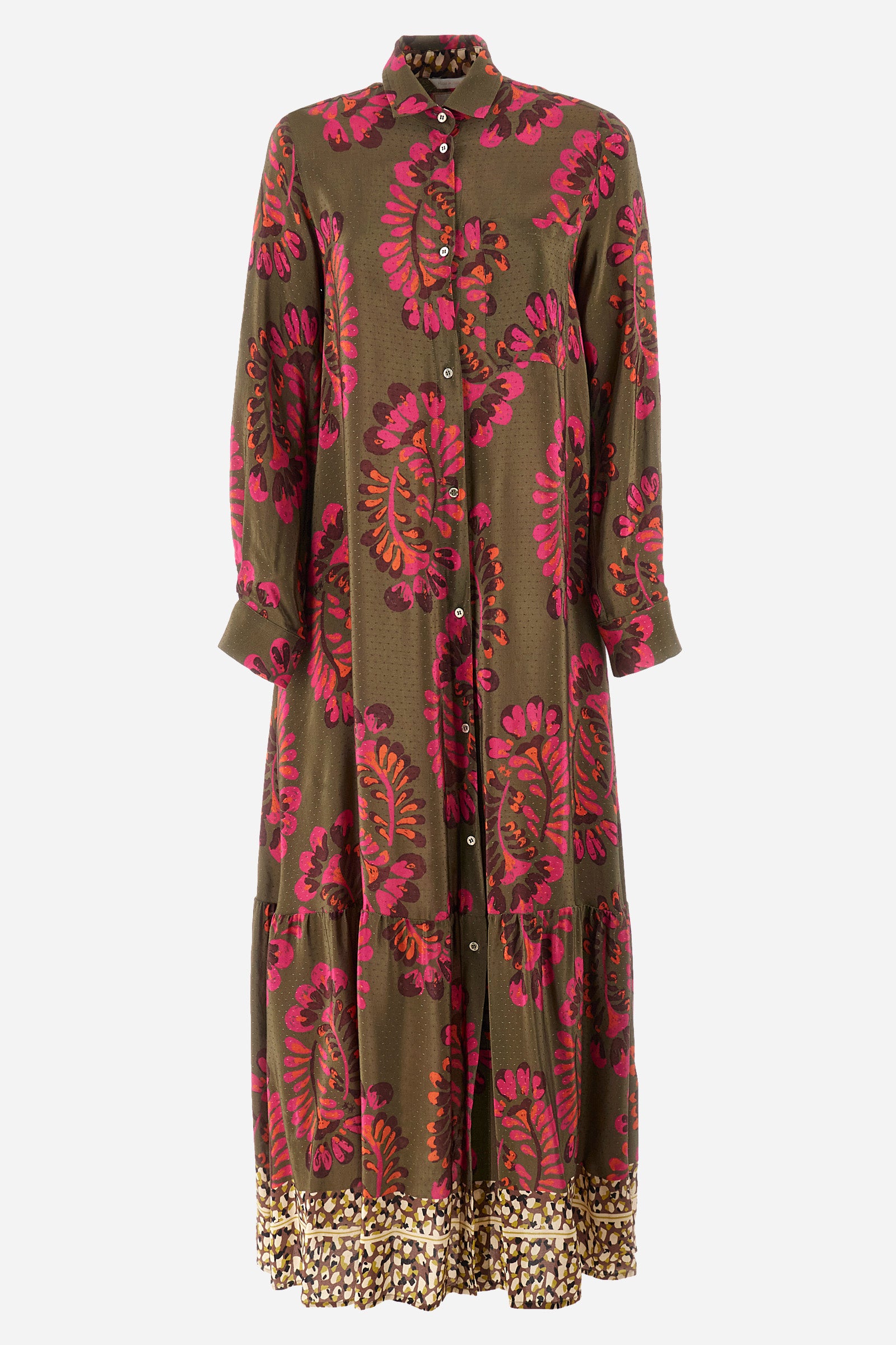 Women’s dress with long sleeves, made of satin viscose fabric. The rich floral prints recall the historic Argentina capsule collection. French collar. On the chest there is an open pocket. Button closure along the dress and cuffs. Straight and soft cut silhouette, long to the feet. Darts on the back. The fit is regular. The model wears a size IT40. - Military/Hotpink/Fre