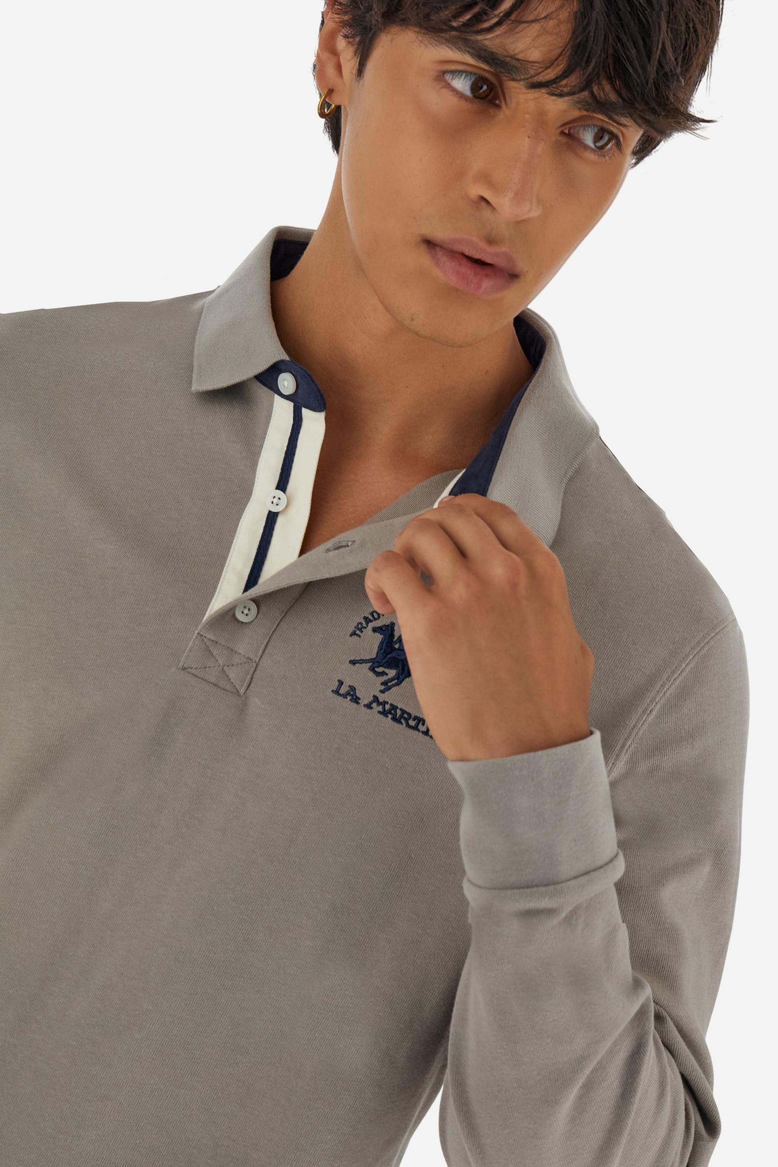 Men’s long-sleeve polo in premium soft-touch cotton jersey for a luxurious feel on the skin. Contrast gabardine details on the collar. Upper collar in tone-on-tone ribbing with printed La Martina lettering undercollar. Three customized buttons, enhanced by a multicolor striped tape on the placket. Contrast embroidered team logo on the chest. Regular fit. Model wears size L. - Moon Rock