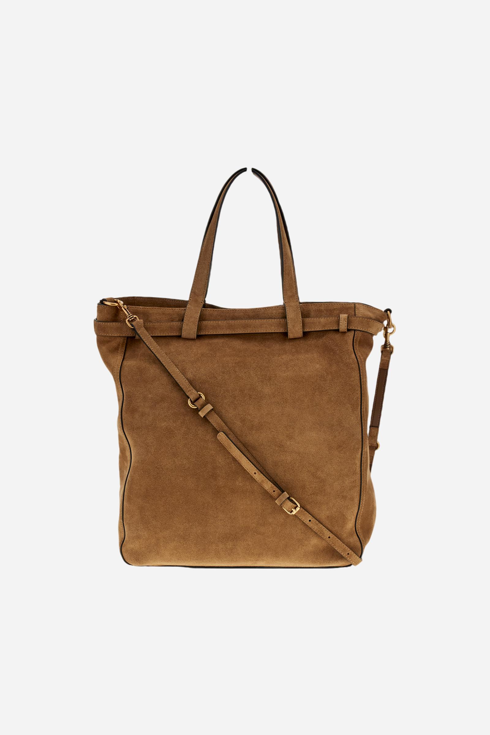 Large suede shopping bag with rectangular design, featuring handles, strap, and the brand’s iconic buckle and logo details. - MUD