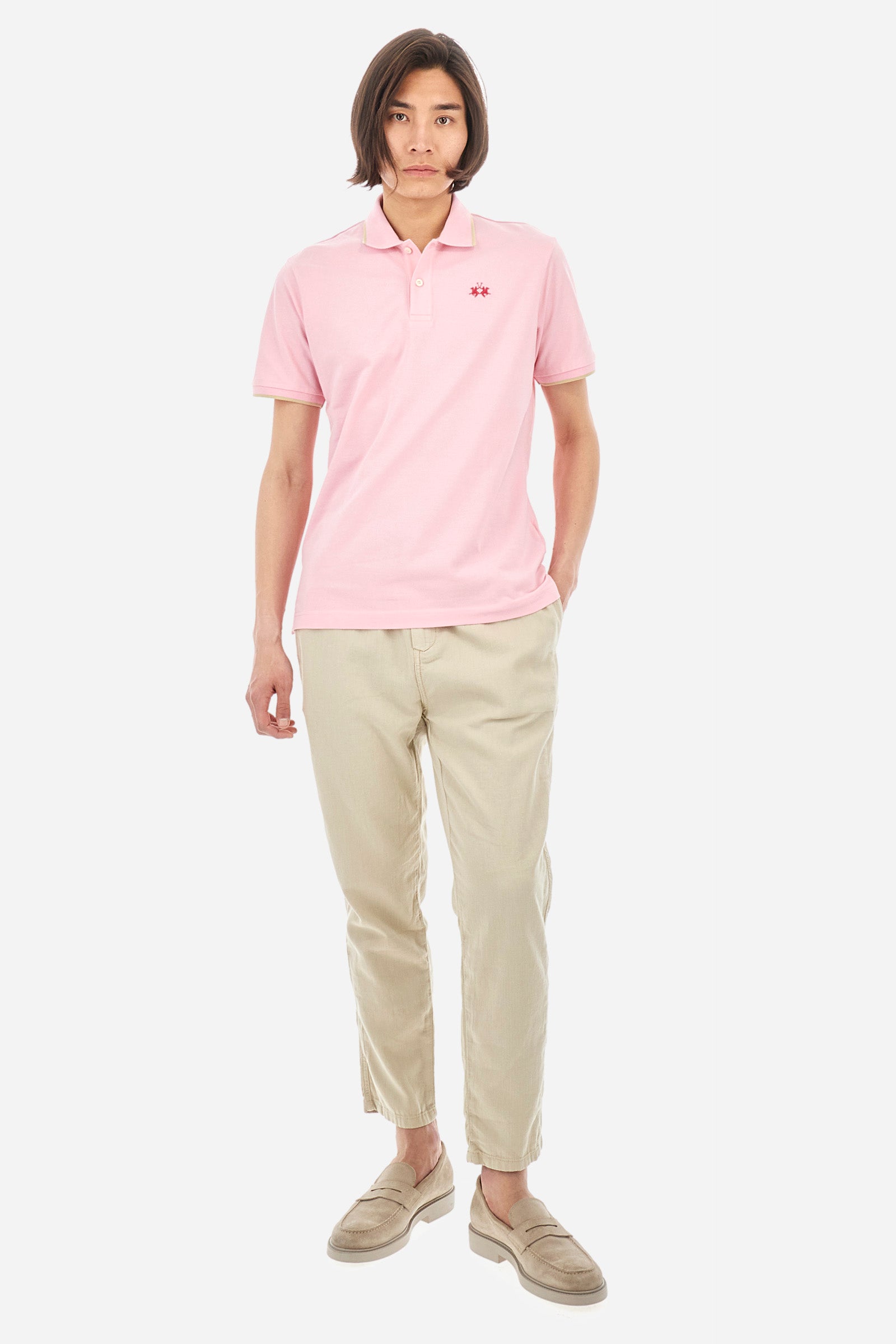 Men’s polo with short sleeves in stretch pique cotton. A classic La Martina, with a simple and linear style. The regular fit fits easily to any type of silhouette. A small La Martina logo is embroidered on the chest, in contrasting shades like the sleeve edge. The model is 187 cm tall and wears a size L. - Orchid Pink
