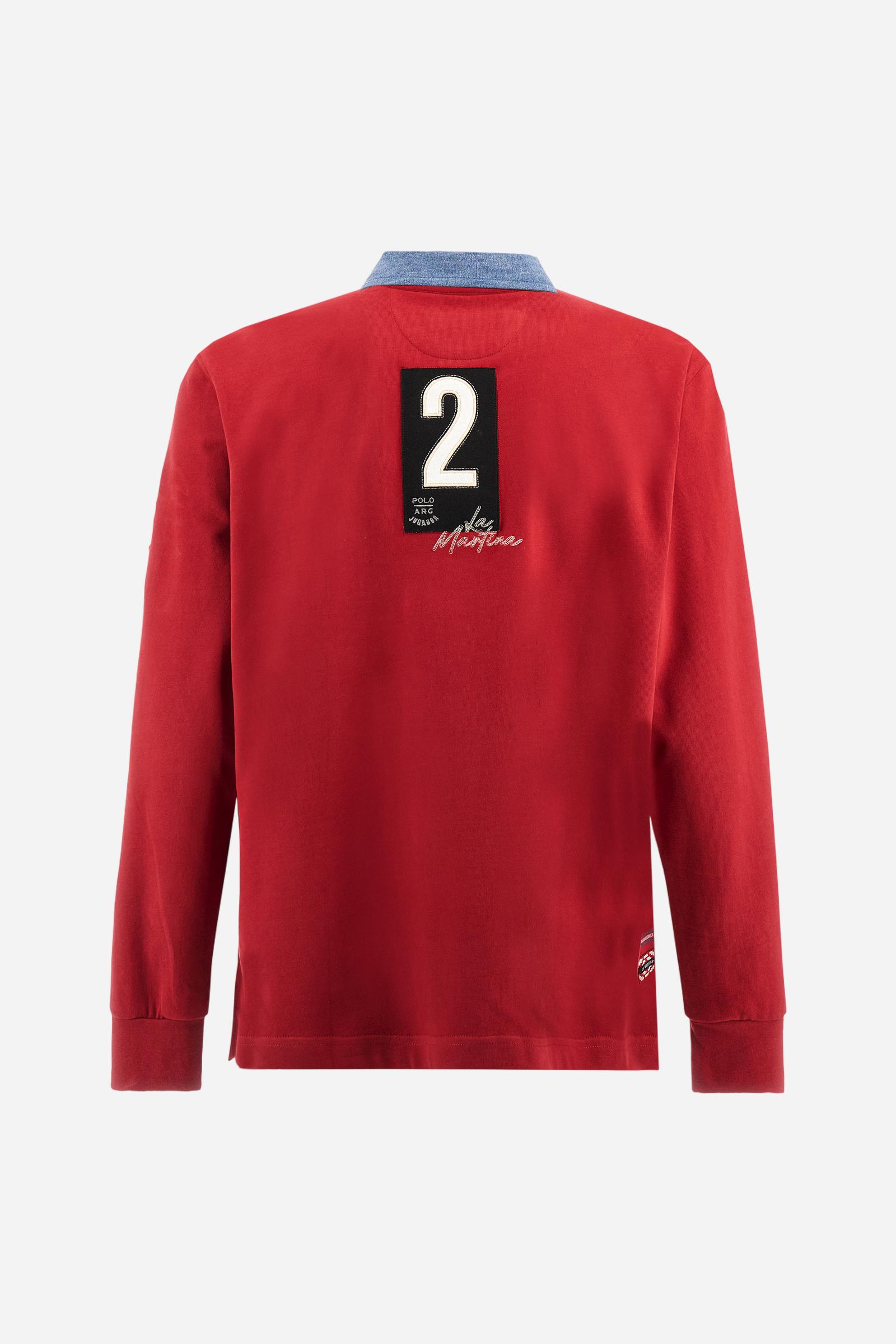 Men’s long-sleeve polo shirt in solid-colour cotton jersey with a warm touch. Contrast details on collar and three-button placket with mixed fabrics and colours. Patches and embroidery celebrate the Asociación Gauchos Argentinos. Small embroidered logo on the chest integrated with other graphics. Regular fit. The model wears size L. - Chili Pepper