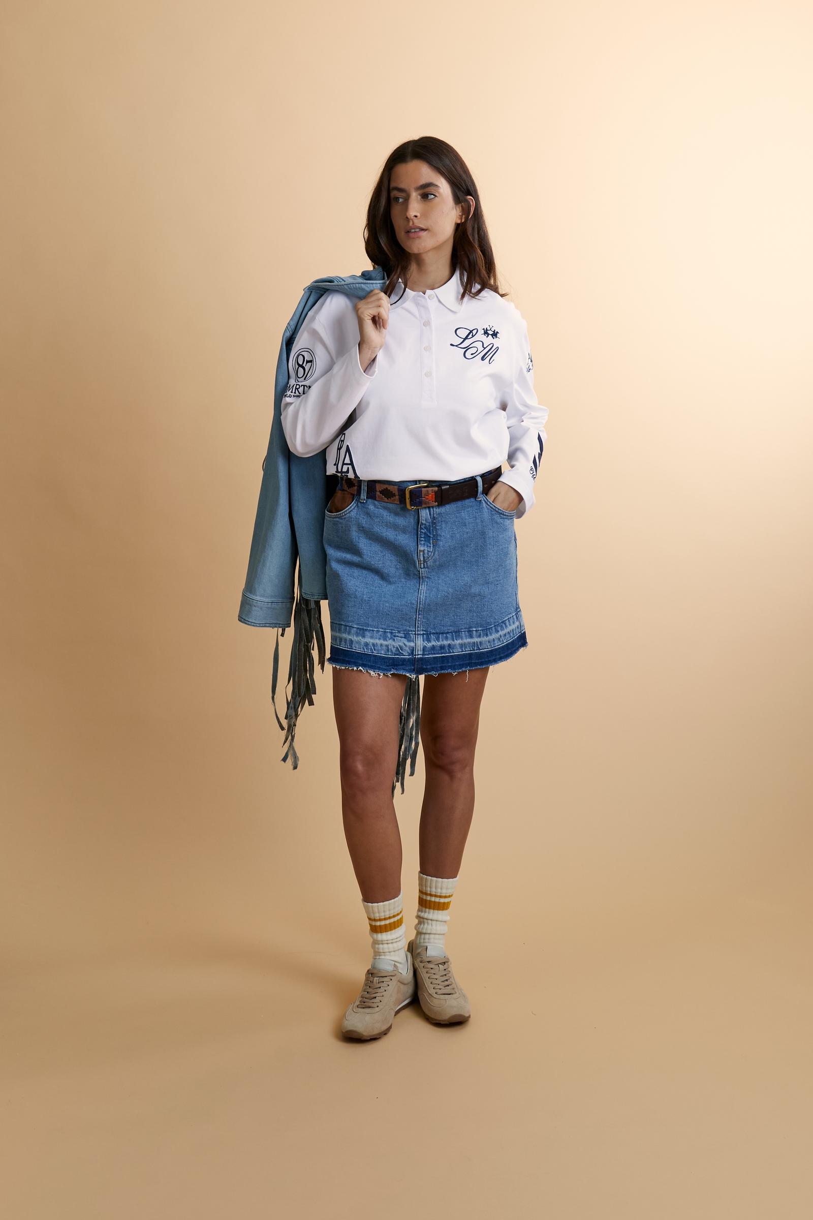 Women’s long-sleeve polo in heavy cotton jersey with relaxed fit and ribbed collar. Player prints and contrast applications. - Optic White