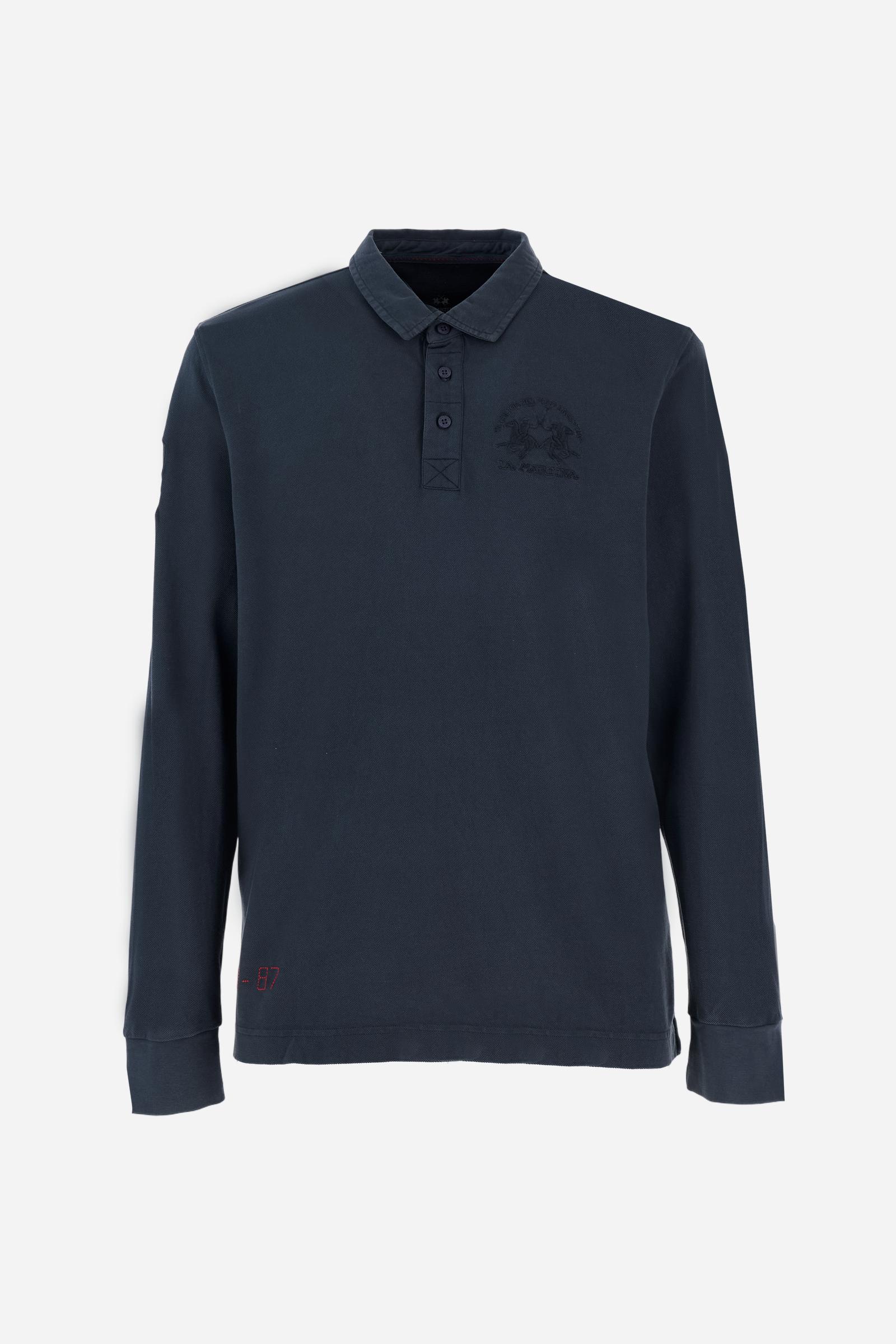 Men’s long-sleeve polo in cotton piqué garment dyed with tone-on-tone patches and embroidery. Regular fit and authentic La Martina style. - Navy