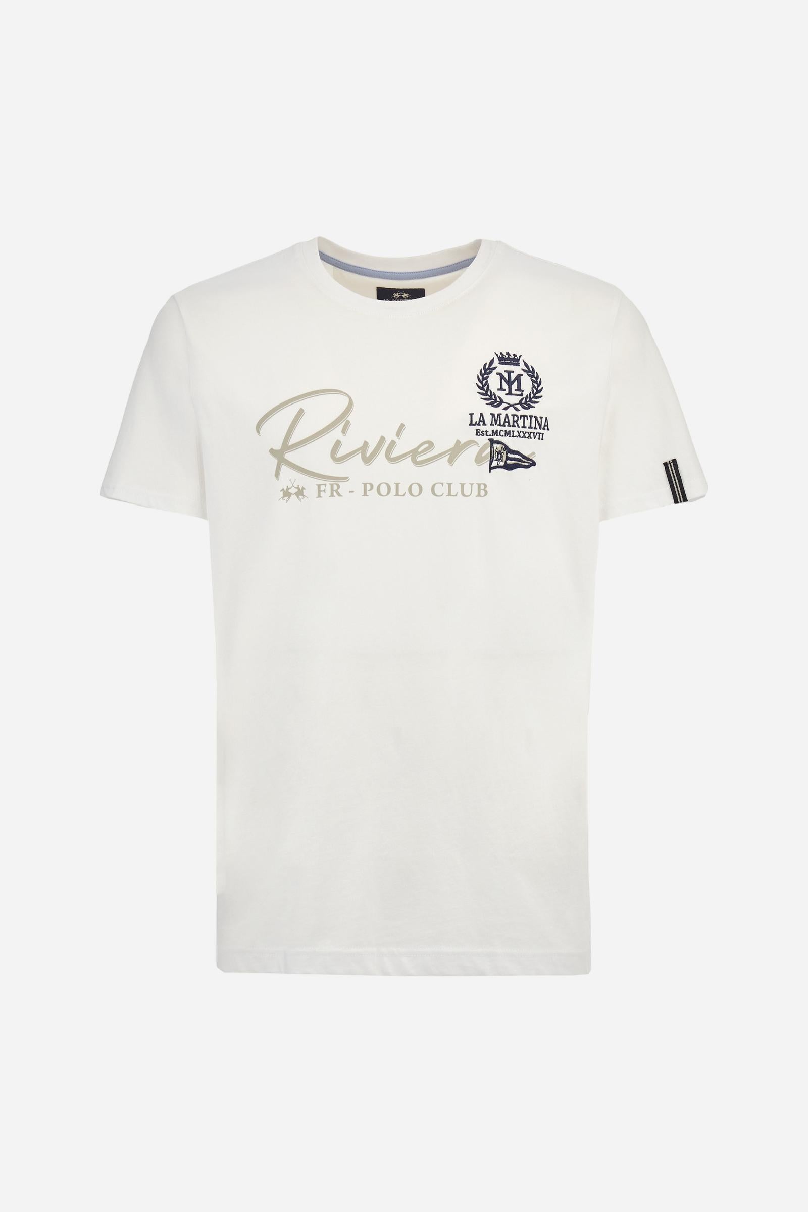 Men's solid color T-shirt, made of cotton jersey. Crew neck. The front features printed text as well as symbols and text created using embroidery techniques. The La Martina lettering is embroidered on the left chest. The fit is regular. The model is wearing size L. - Optic White