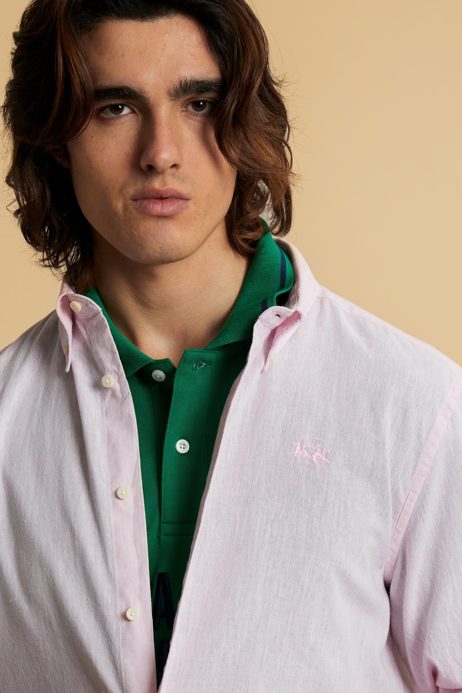 Men’s regular fit cotton and linen shirt with small logo - Rodolfo