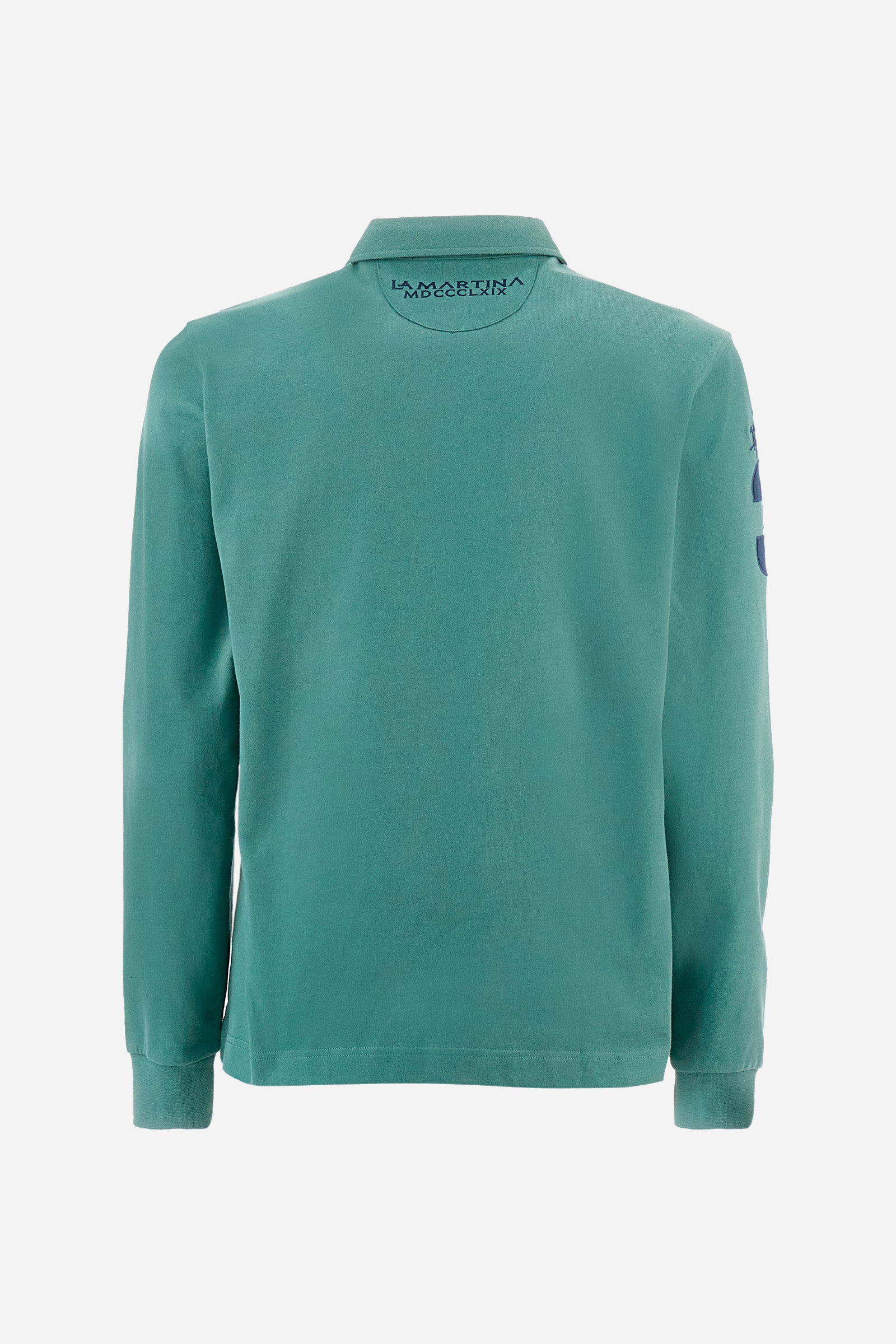 Men's plain short-sleeved polo shirt, made from 100% cotton. Three-button fastening. One of the sleeves features a patch depicting the number 3 and the brand logo. The front is finished with symbols and lettering associated with the England line. Regular fit. The model is wearing a size L. - Laurel Wreath