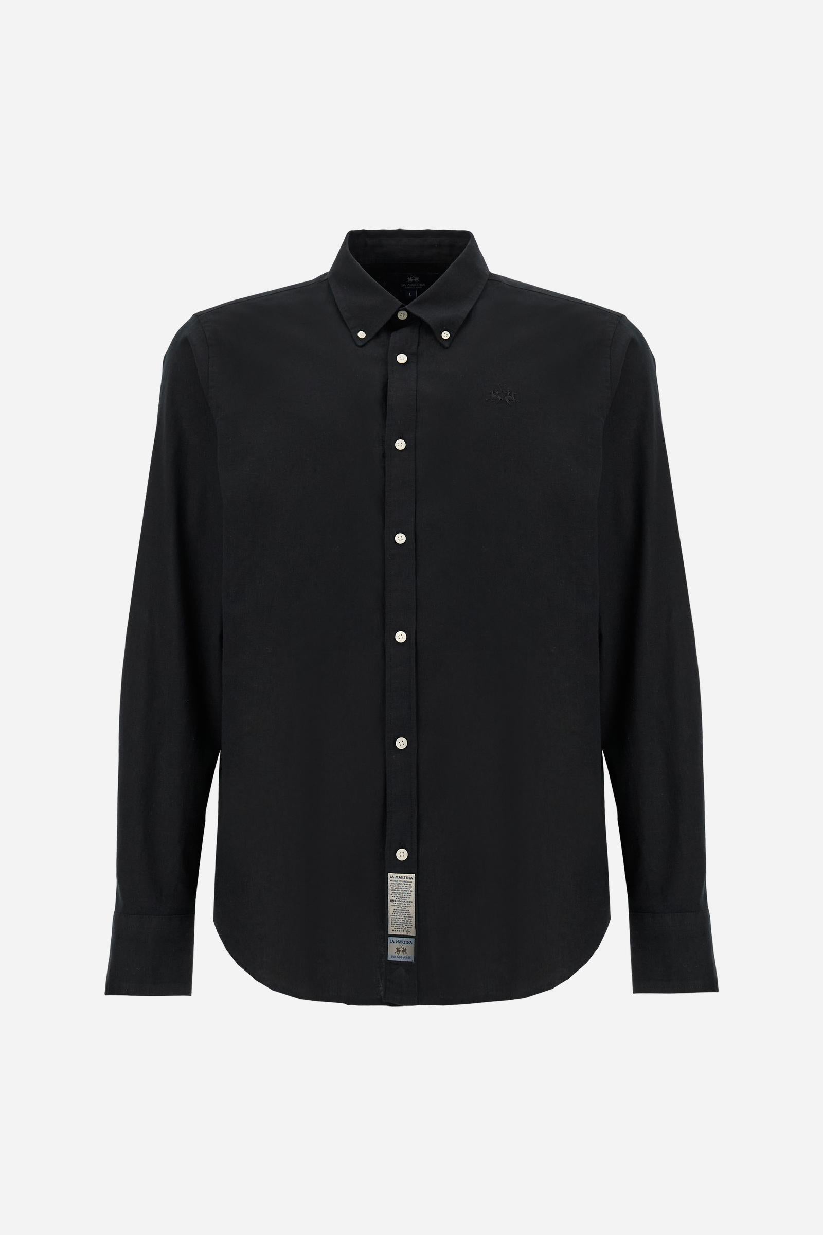 Men’s cotton and linen shirt with regular fit and French collar. Tone-on-tone embroidered logo and visible button placket. - Black