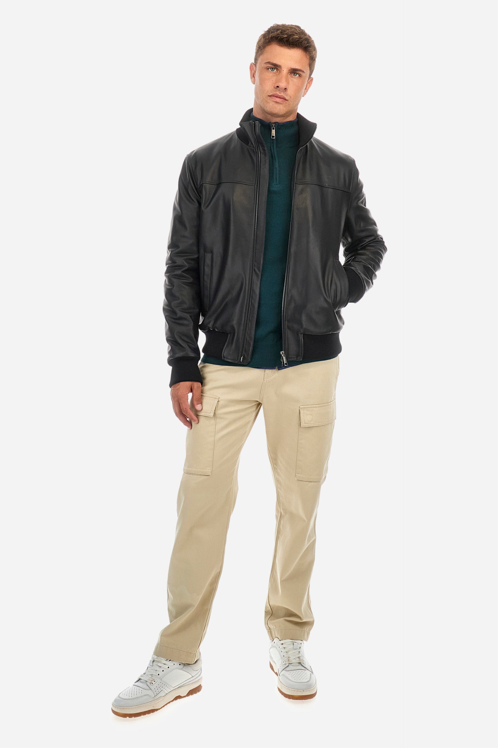 Men's plain mock polo neck pullover with long sleeves. Trimmed collar with a half zip, made from ribbed fabric to match the cuffs and hem. Made from a blend of cotton and wool. Featuring a small embroidered logo on the front. Regular fit. The model is wearing a size L. - Pine Grove