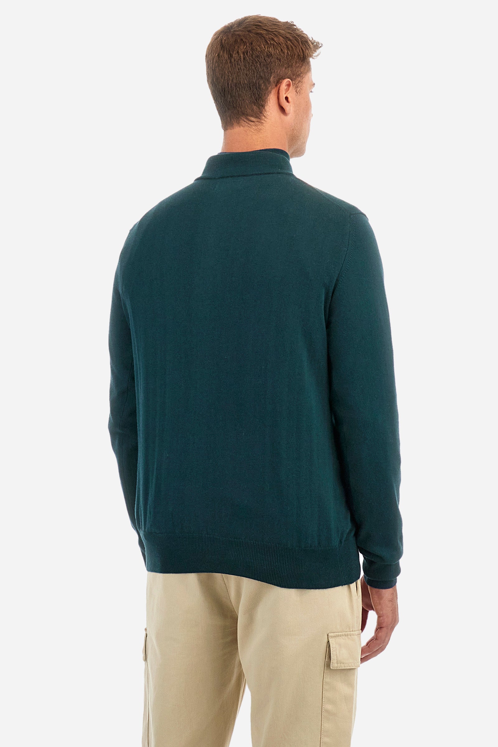 Men's plain mock polo neck pullover with long sleeves. Trimmed collar with a half zip, made from ribbed fabric to match the cuffs and hem. Made from a blend of cotton and wool. Featuring a small embroidered logo on the front. Regular fit. The model is wearing a size L. - Pine Grove
