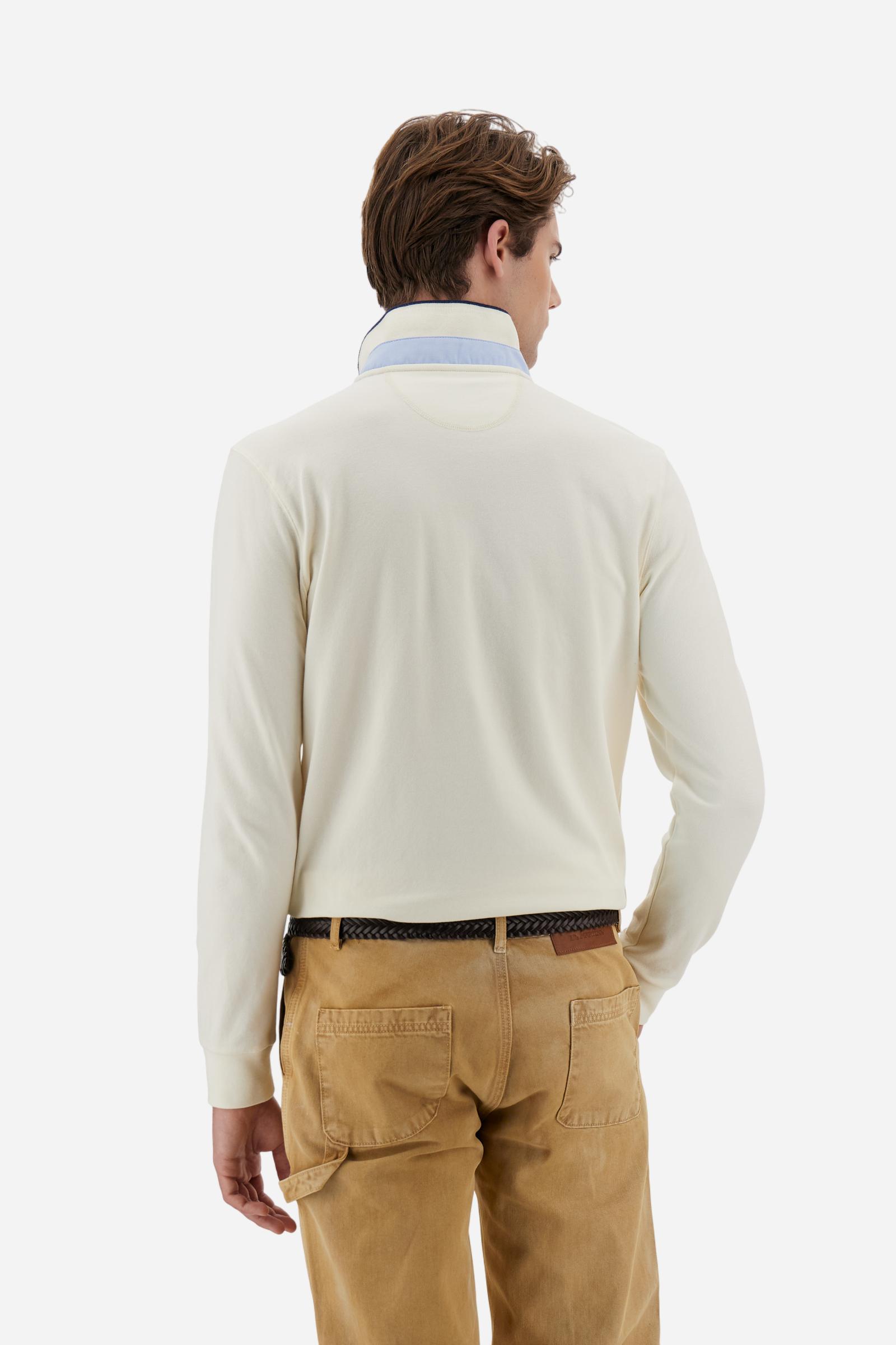 Men’s long-sleeve polo in stretch piqué. Ribbed collar and cuffs with striped contrast details. Regular fit with Polo Club graphic embroidered on the chest. - Pristine