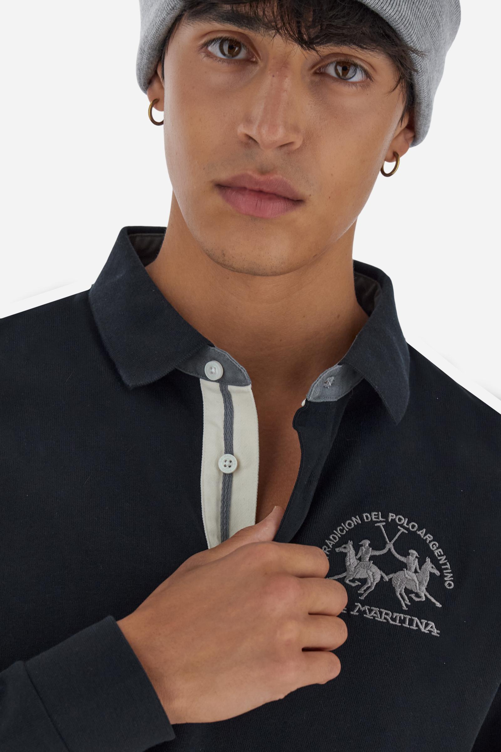 Men’s long-sleeve polo in premium soft-touch cotton jersey for a luxurious feel on the skin. Contrast gabardine details on the collar. Upper collar in tone-on-tone ribbing with printed La Martina lettering undercollar. Three customized buttons, enhanced by a multicolor striped tape on the placket. Contrast embroidered team logo on the chest. Regular fit. Model wears size L. - Black
