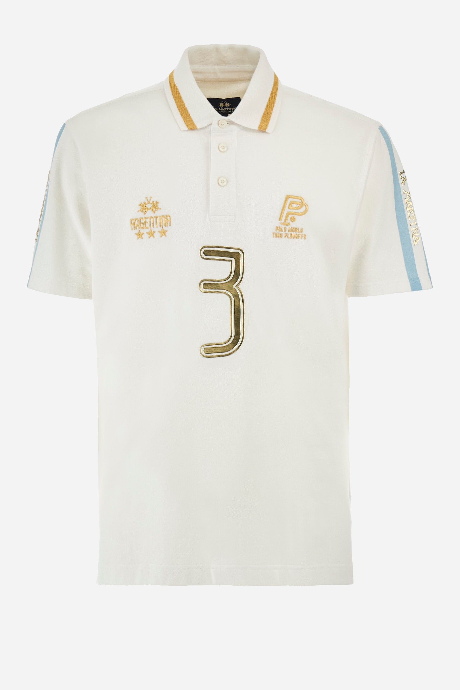 Men's single-colour short-sleeved polo in elasticated cotton. Three-button fastening. Collar with contrasting colour stripe. The front features embroidered lettering, the number 3, the word "Argentina", and a small logo. On one sleeve we find the "La Martina" lettering with two stripes in the colours of the Argentinian flag. The back features additional "Argentina" lettering, a print of the number 3, and symbols representing the nation. The fit is regular. The model wears a size L. - Optic White