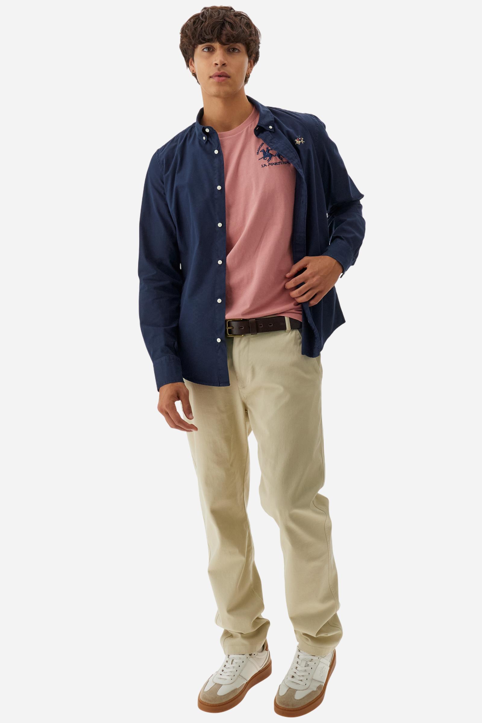 Men's long-sleeved shirt in cotton poplin. Slim fit with button-down collar. - Navy