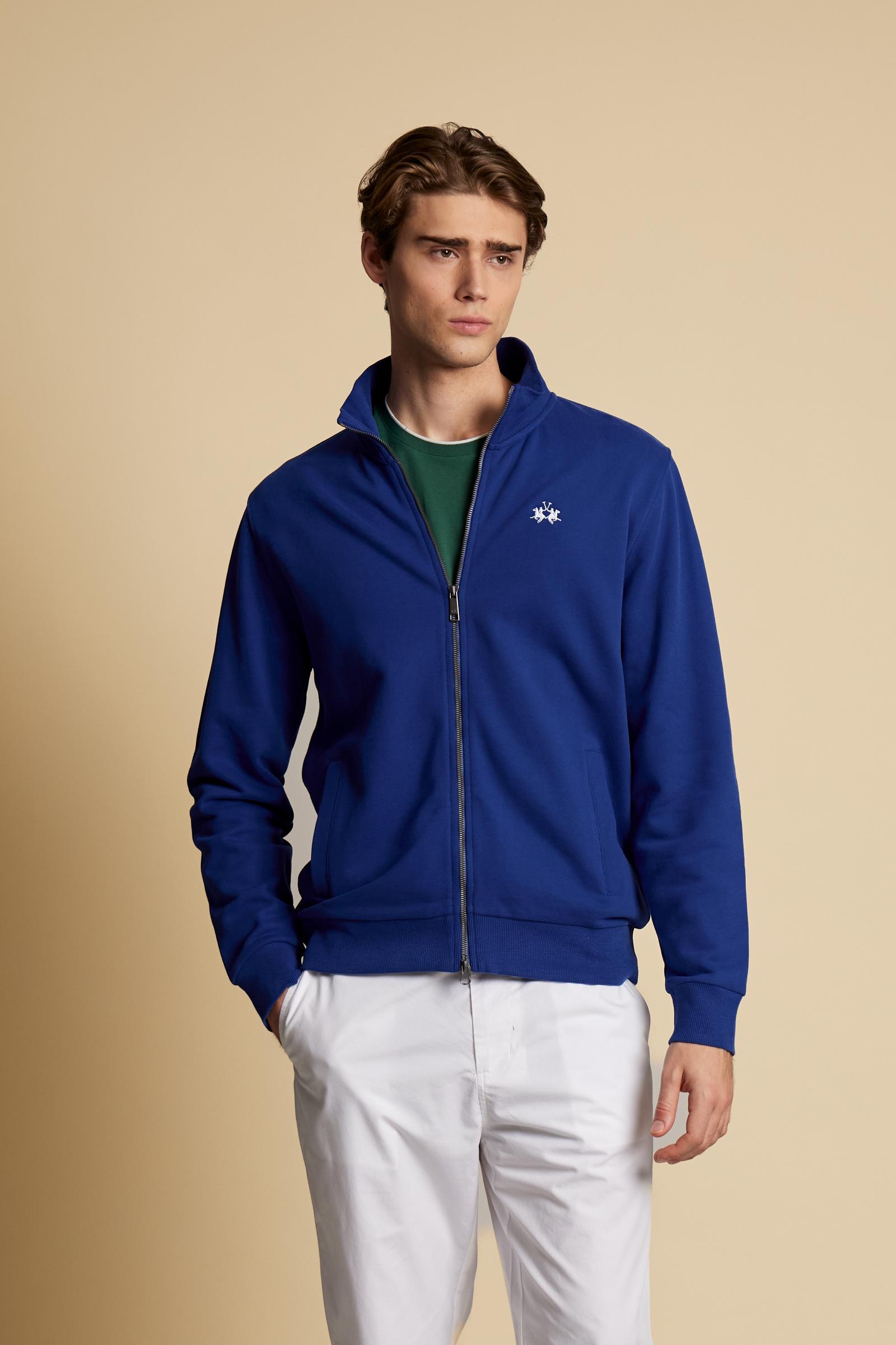 Men’s cotton French Terry sweatshirt with full zip, regular fit and ribbed details. Contrast embroidered brand logo. - Mazarine Blue