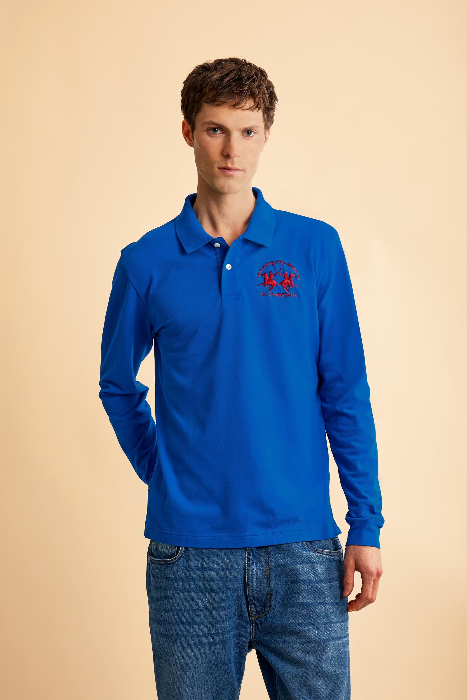 Men's long-sleeved polo shirt in stretch cotton with a regular fit - Blue Scotland