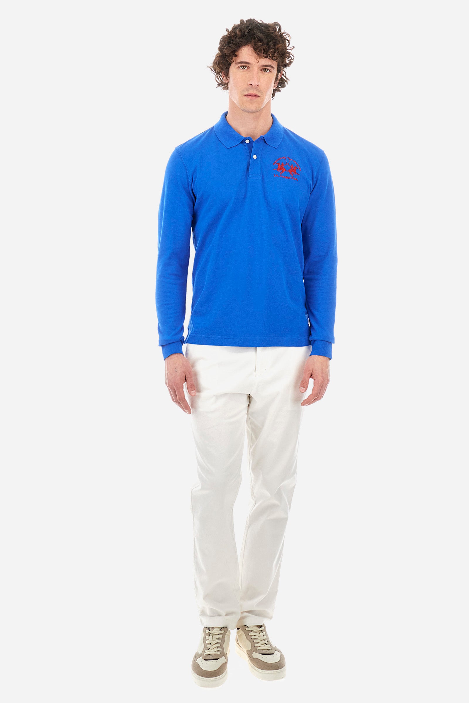 Men's long-sleeved polo shirt in stretch cotton with a regular fit - Blue Scotland