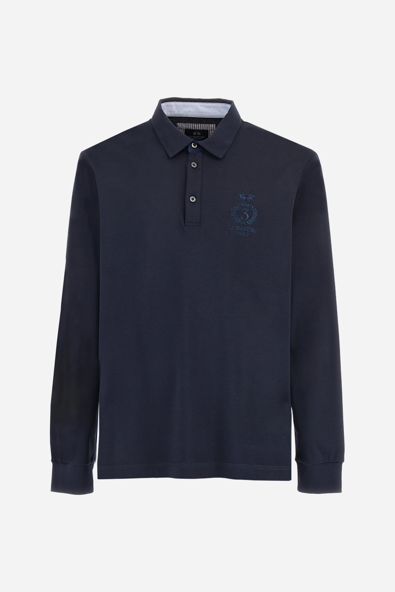 Classic men’s long-sleeve polo in silky 100% cotton jersey, smooth and lightweight to the touch. Three-button placket with contrast details inside the collar. Tone-on-tone ribbed cuffs. Tonal chest print inspired by Polo Club, combined with embroidered undercollar. Discreet logo integrated into the chest graphic. Regular fit. Model wears size L. - Navy