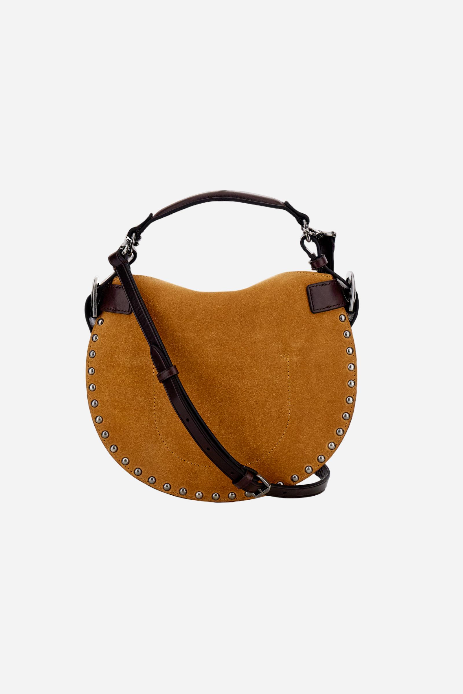 Small suede crescent bag with contrasting leather handles and strap, enhanced with small decorative studs. - HONEY/DARK CHOCOLATE