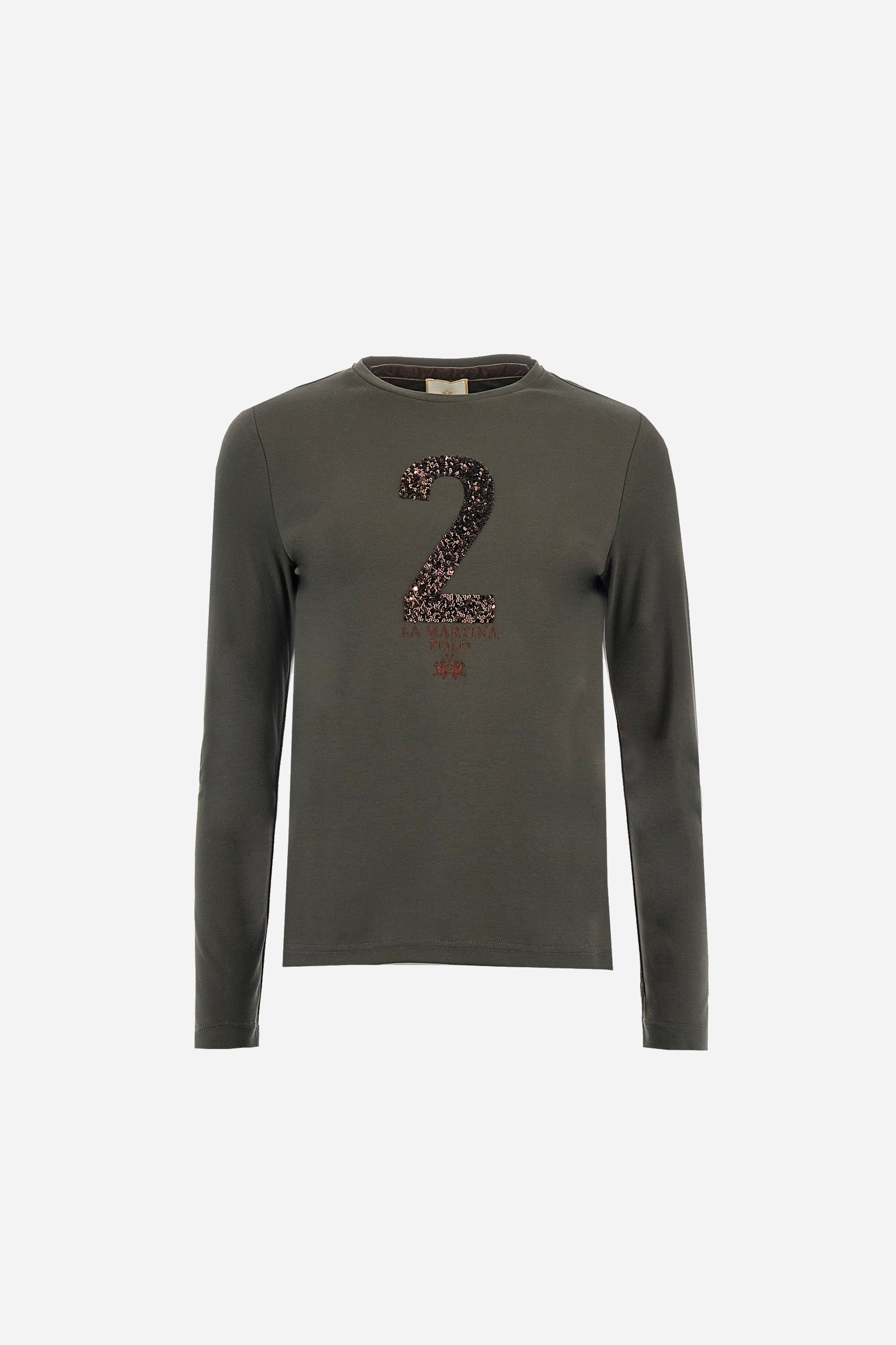 Women’s long-sleeve crew-neck T-shirt in 100% cotton jersey. The smooth, fluid fabric feels silky on the skin. On the chest, a large sequin patch number is paired with brand-identifying embroidered lettering, while a small logo is embroidered underneath. Regular fit for a versatile piece that combines simplicity with subtle glamour. Model wears size 2. - Falcon