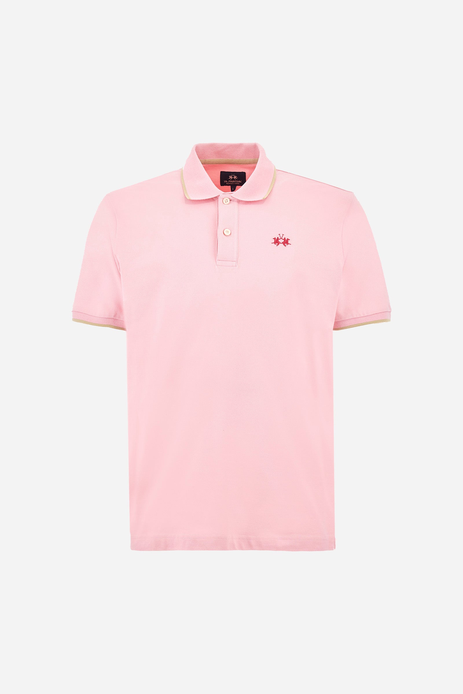 Men’s polo with short sleeves in stretch pique cotton. A classic La Martina, with a simple and linear style. The regular fit fits easily to any type of silhouette. A small La Martina logo is embroidered on the chest, in contrasting shades like the sleeve edge. The model is 187 cm tall and wears a size L. - Orchid Pink