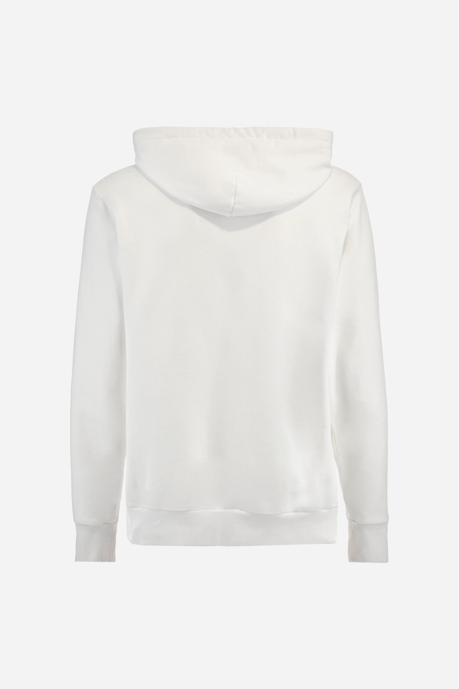 Men's long-sleeved plain sweatshirt made from French terry cotton. Full-zip fastening and hood with adjustable drawstring. On the chest, the La Martina Polo lettering is present as a large, slightly embossed embroidery, while the number 3 is present as a patch made of the same fabric and applied with an embroidered cord in a contrasting colour. The logo is embroidered on the chest, left side. Regular fit. The model is wearing a size L. - OptWhite/Surf TheWeb