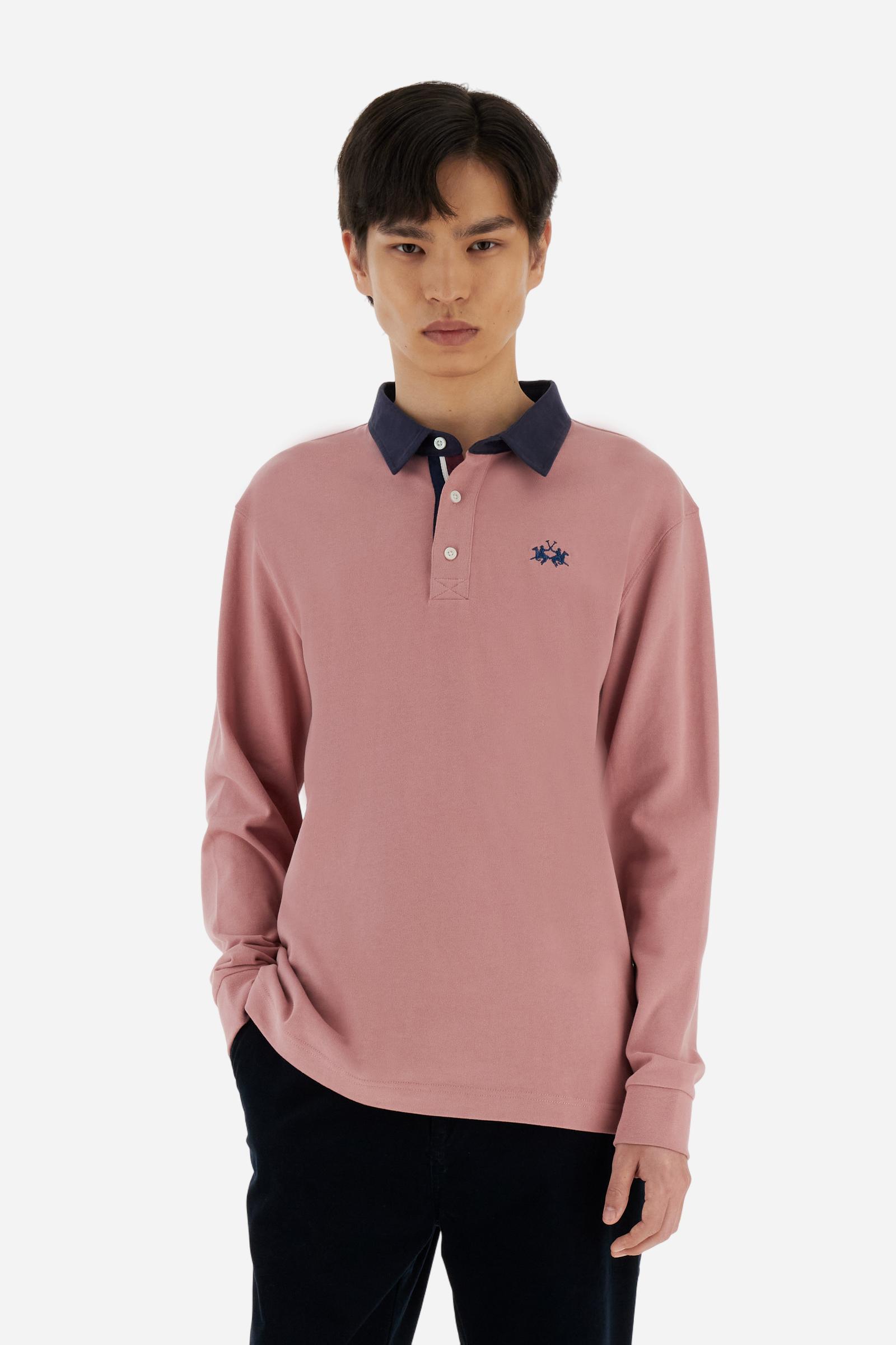 Classic men’s long-sleeve polo in soft-touch 100% cotton jersey. Contrast gabardine collar, three-button placket with multicolor striped tape. Iconic La Martina lettering printed in contrast under the collar. Small contrast logo embroidered on the chest. Regular fit for a balanced silhouette. Model wears size L. - Rose Tan
