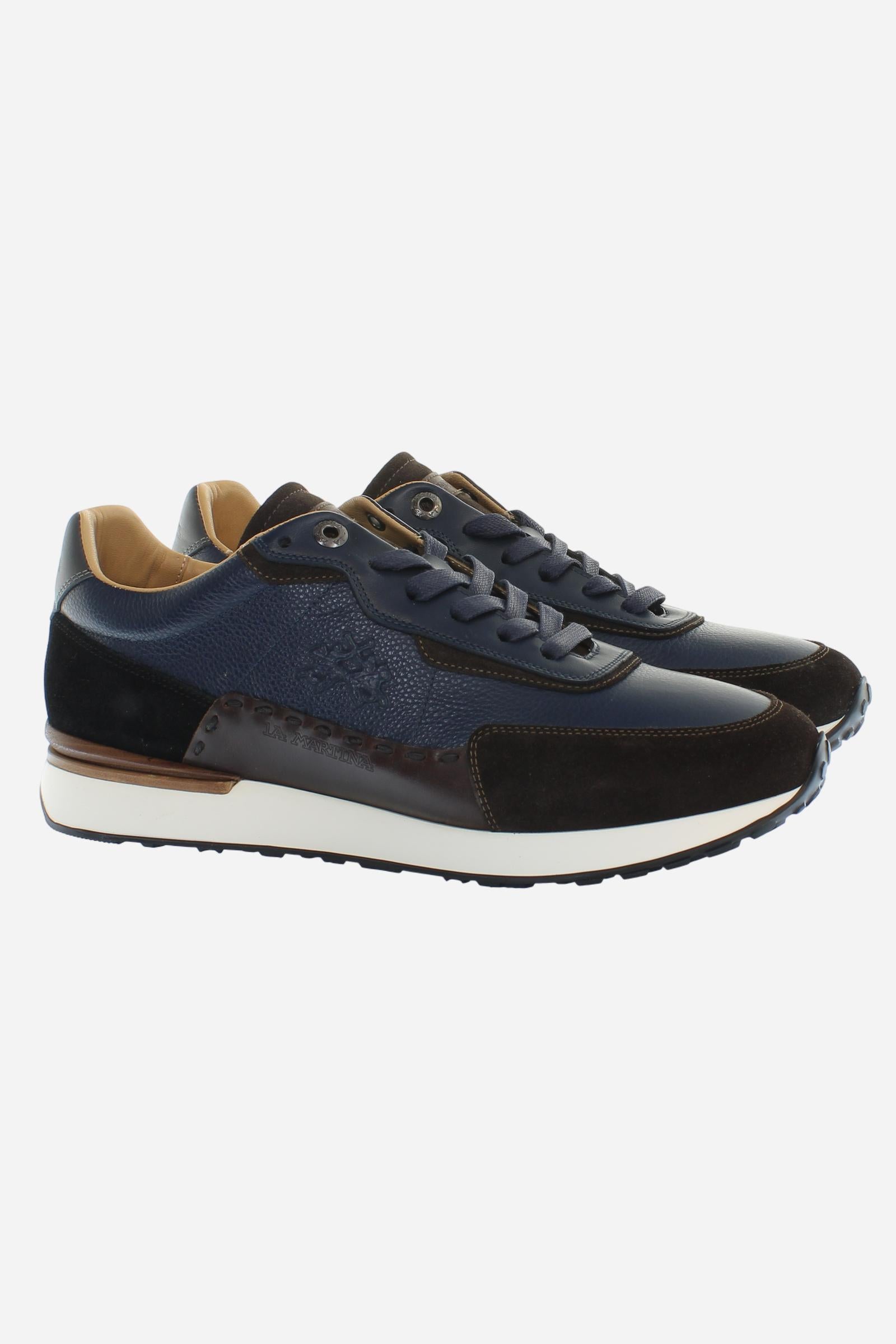 Sporty and elegant trainers in leather and suede, with ultralight technical soles in XL Extralight EVA. Perfect for anyone in search of comfort, performance and handcrafted details. - DARK BROWN/BLUE