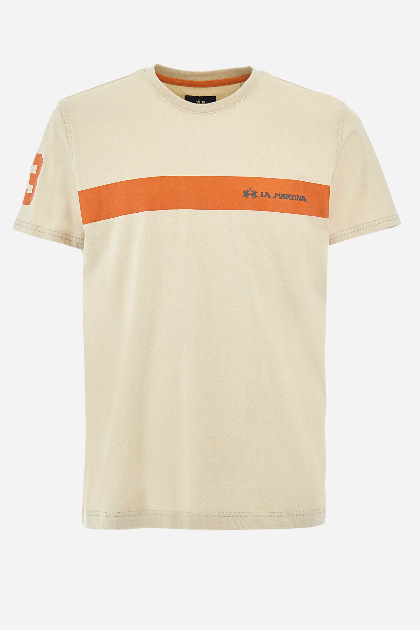 Men's short-sleeved T-shirt with a crew neck in a single colour. Made of 100% cotton. On the front there is a contrasting stripe with the logo and "La Martina" lettering. The number 3 is printed on one of the sleeves, again in contrast. Regular fit. The model wears a size L. - Tidal Foam