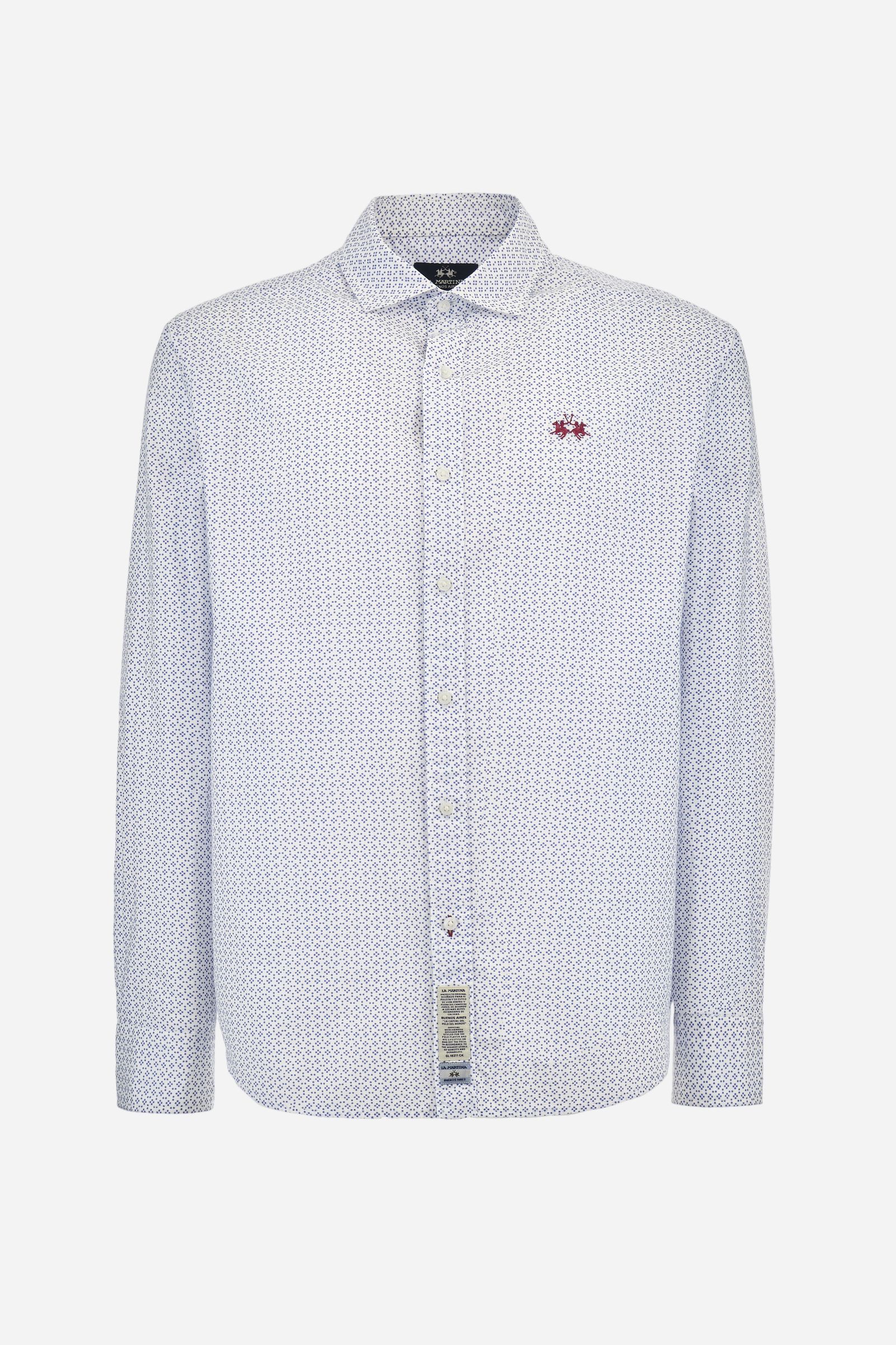 Men's long-sleeved shirt made from cotton poplin printed with a monochrome graphic design. Spread collar. The brand's signature woven labels are sewn onto the opening at the hem. The logo is embroidered in contrasting thread on the left side of the chest. Regular fit. The model is wearing a size L. - Opticwhite/Limonges