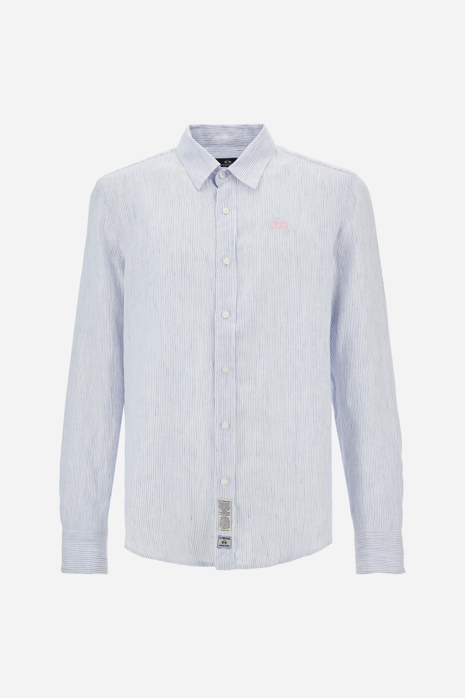 Shirt in 100% linen with vertical micro stripes and natural slub texture. Regular fit that follows the body. Embroidered logo on the chest and signature details on the placket. - OptWhitePrincessBlue