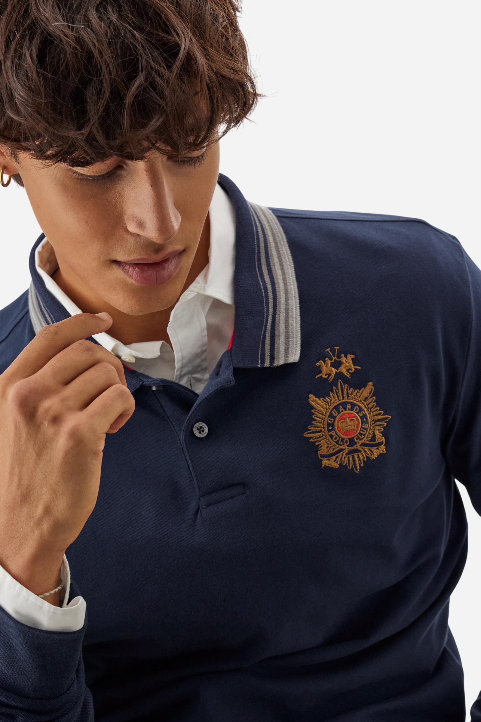 Men’s long-sleeve polo in warm cotton jersey, regular fit with ribbed striped collar, institutional model from the Guards capsule. - Navy