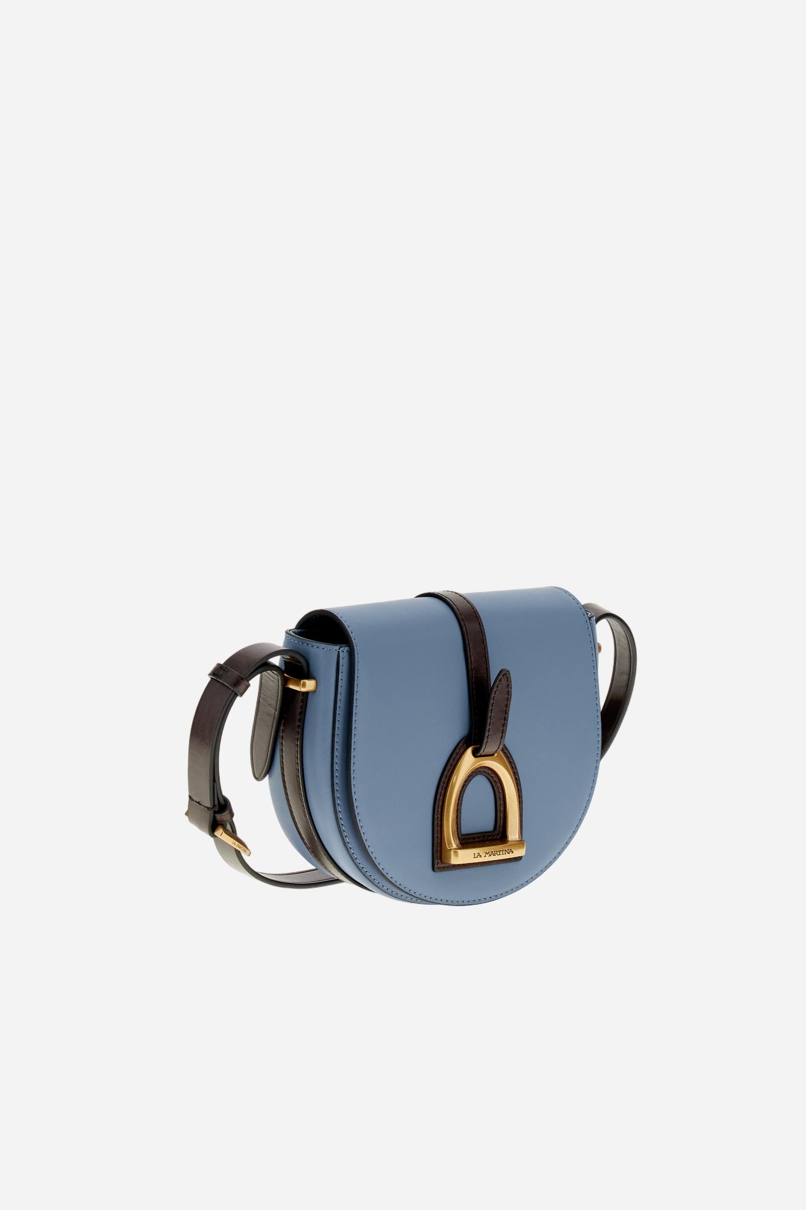 Small crossbody bag in calfskin leather and leather. Curved design with large golden buckle and contrasting details. - SKY/DARK CHOCOLATE