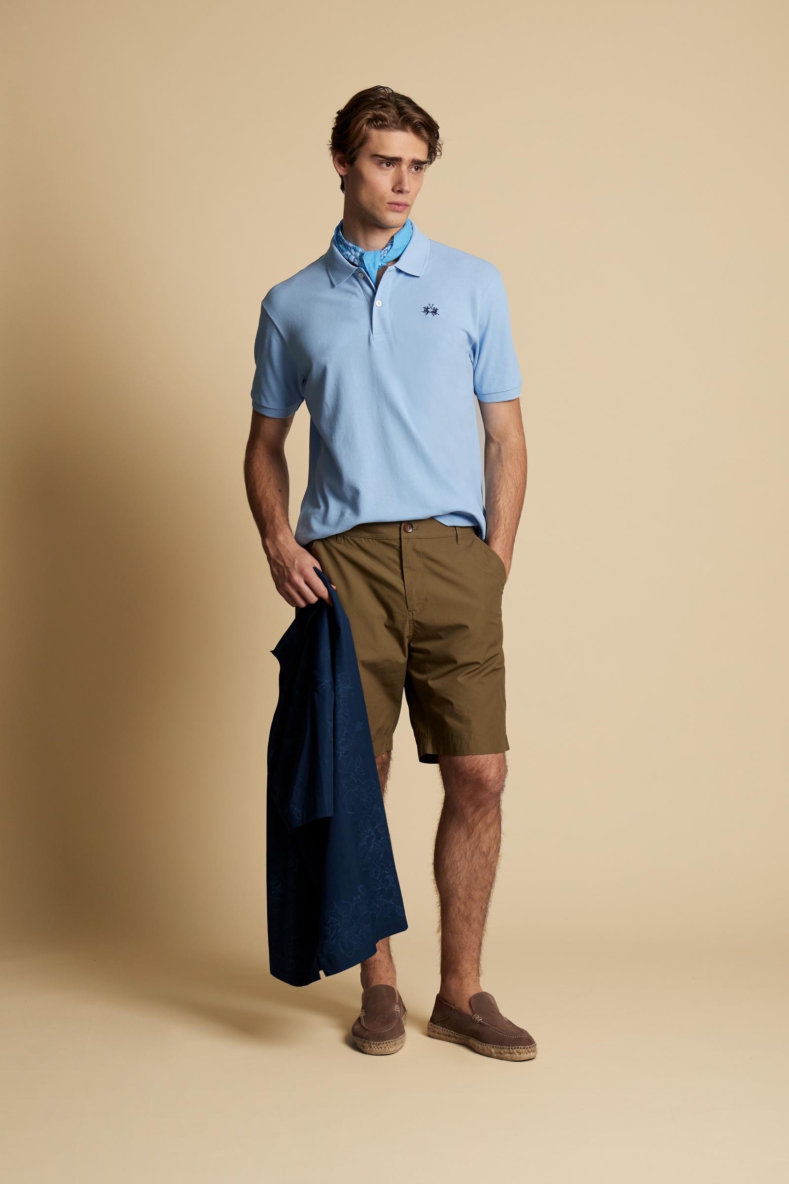 Men’s short sleeve cotton piqué polo shirt with regular fit, two-button placket and contrast brand logo. - Blue Bell