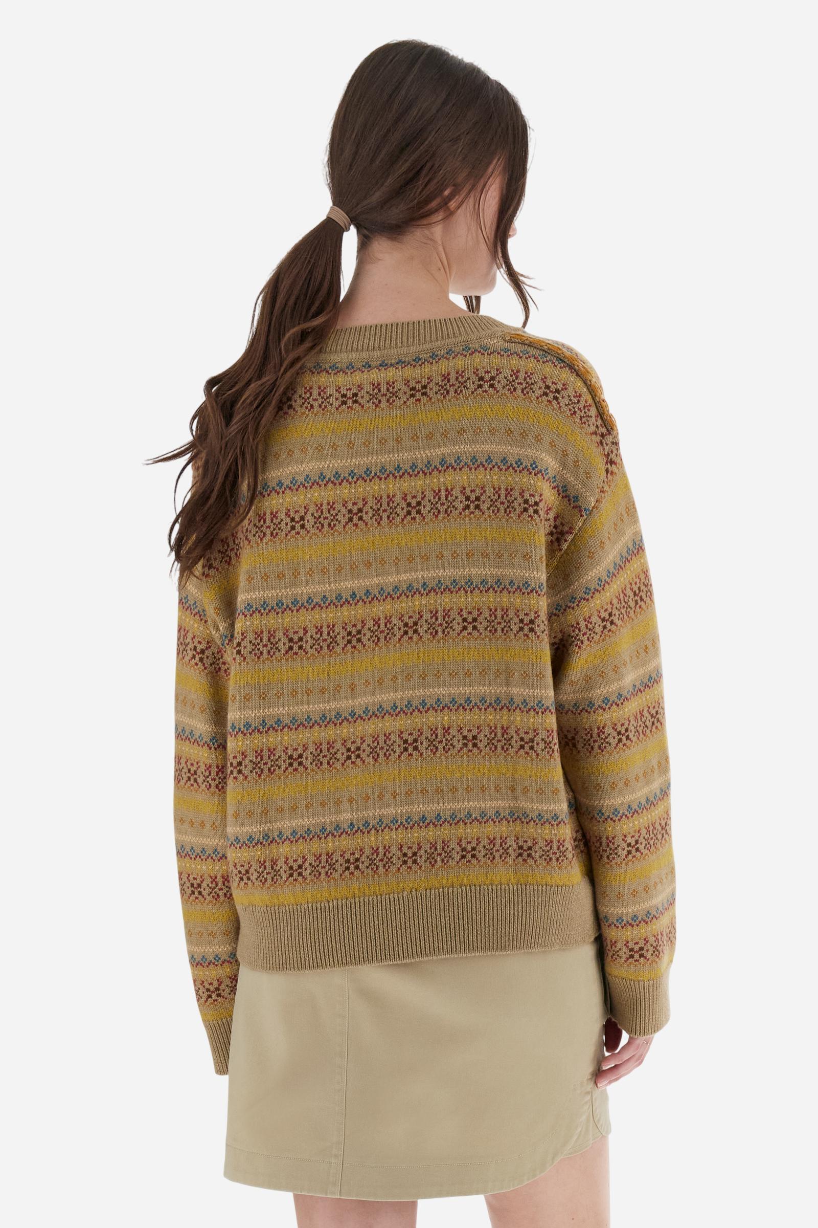 Women’s crew-neck sweater with long sleeves in lambswool blend with ribbed collar, cuffs and hem. Multicolour jacquard horizontal stripe pattern on body and sleeves. Logo on faux leather label applied to the front hem. Straight, regular fit combining style and comfort. The model wears size 2. - Safari