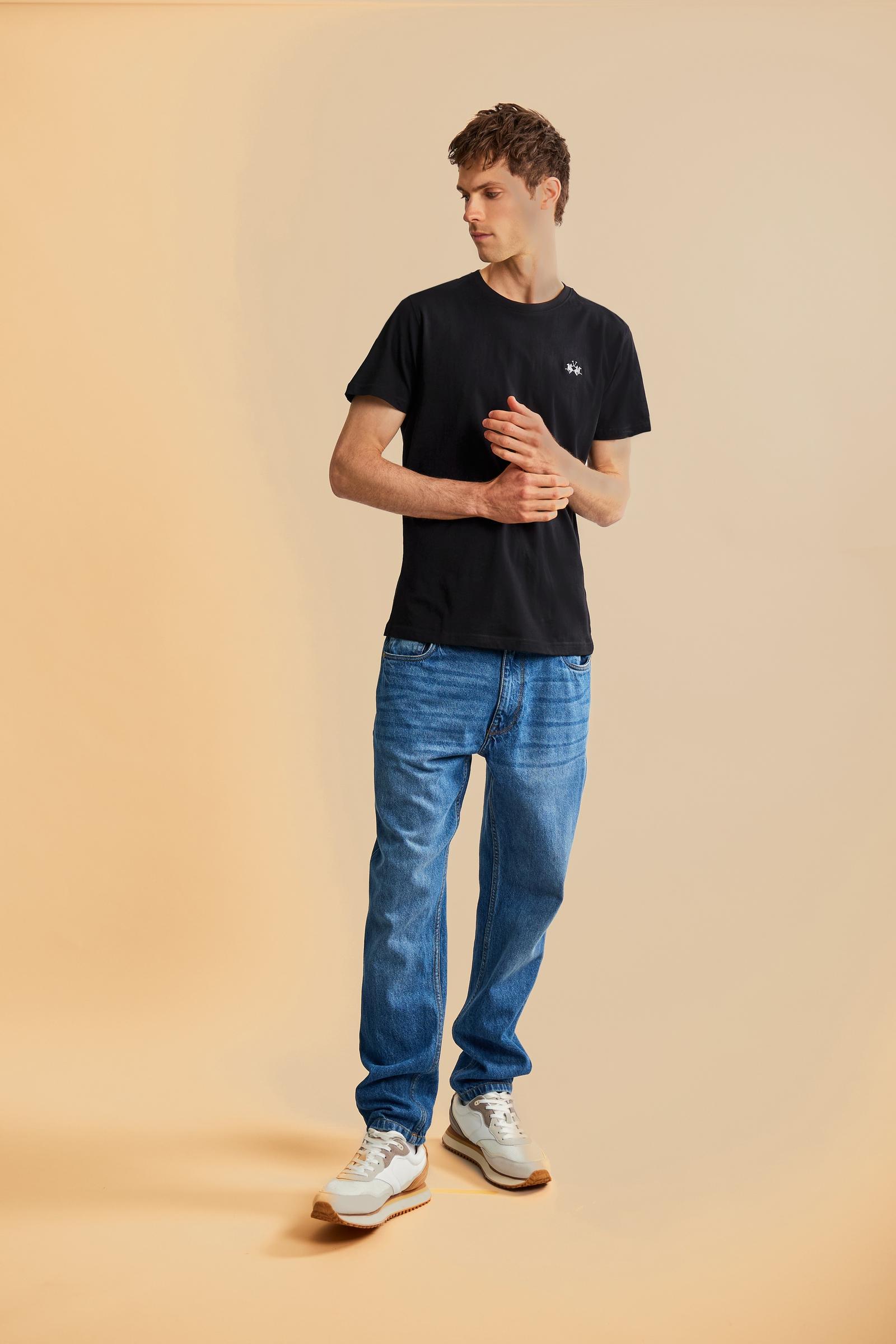 Men's short-sleeved crew-neck T-shirt in solid color with embroidered logo. Made of 100% cotton, perfect for a casual and trendy look with shorts or trousers. - Black