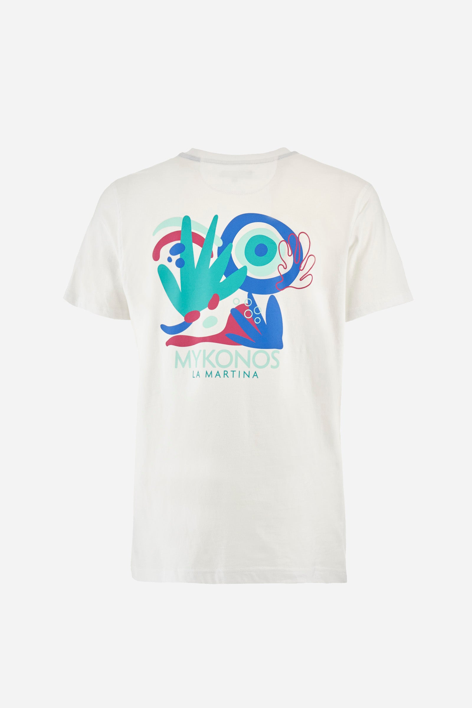 Men's short-sleeved T-shirt with a crew neck in a single colour. Made of 100% cotton. Printed on the front are the words "Mykonos" and "La Martina". On the back we find stylised prints inspired by Greece and the lettering that is also present on the front. Regular fit. The model wears a size L. - Optic White