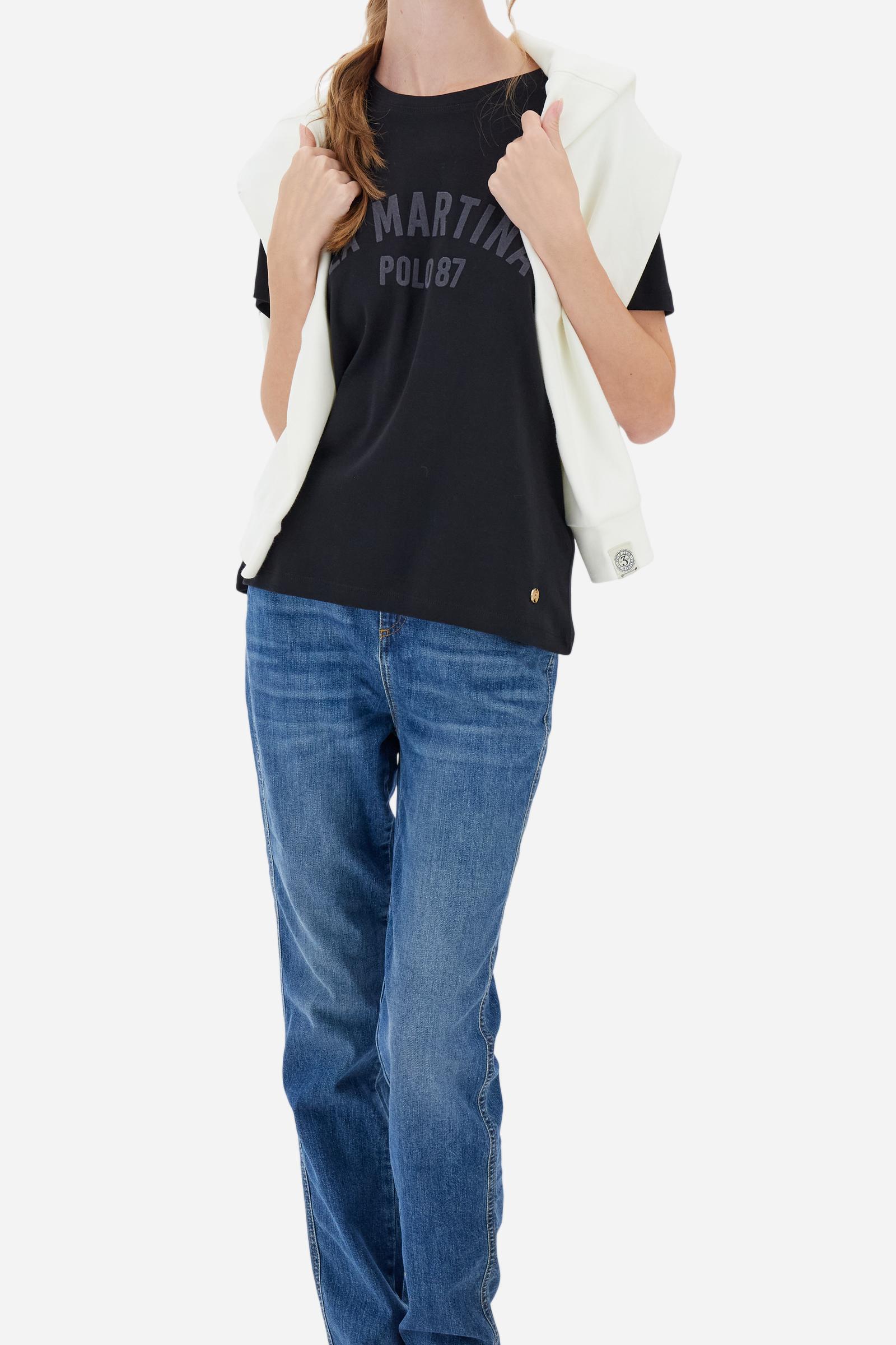 Women’s short-sleeve T-shirt in 100% cotton ribbed jersey. Crew neck model with contrast detail inside the neckline and maxi flock print of the brand logo on the chest in contrast colour. Slim fit. The model wears size 2. - Black