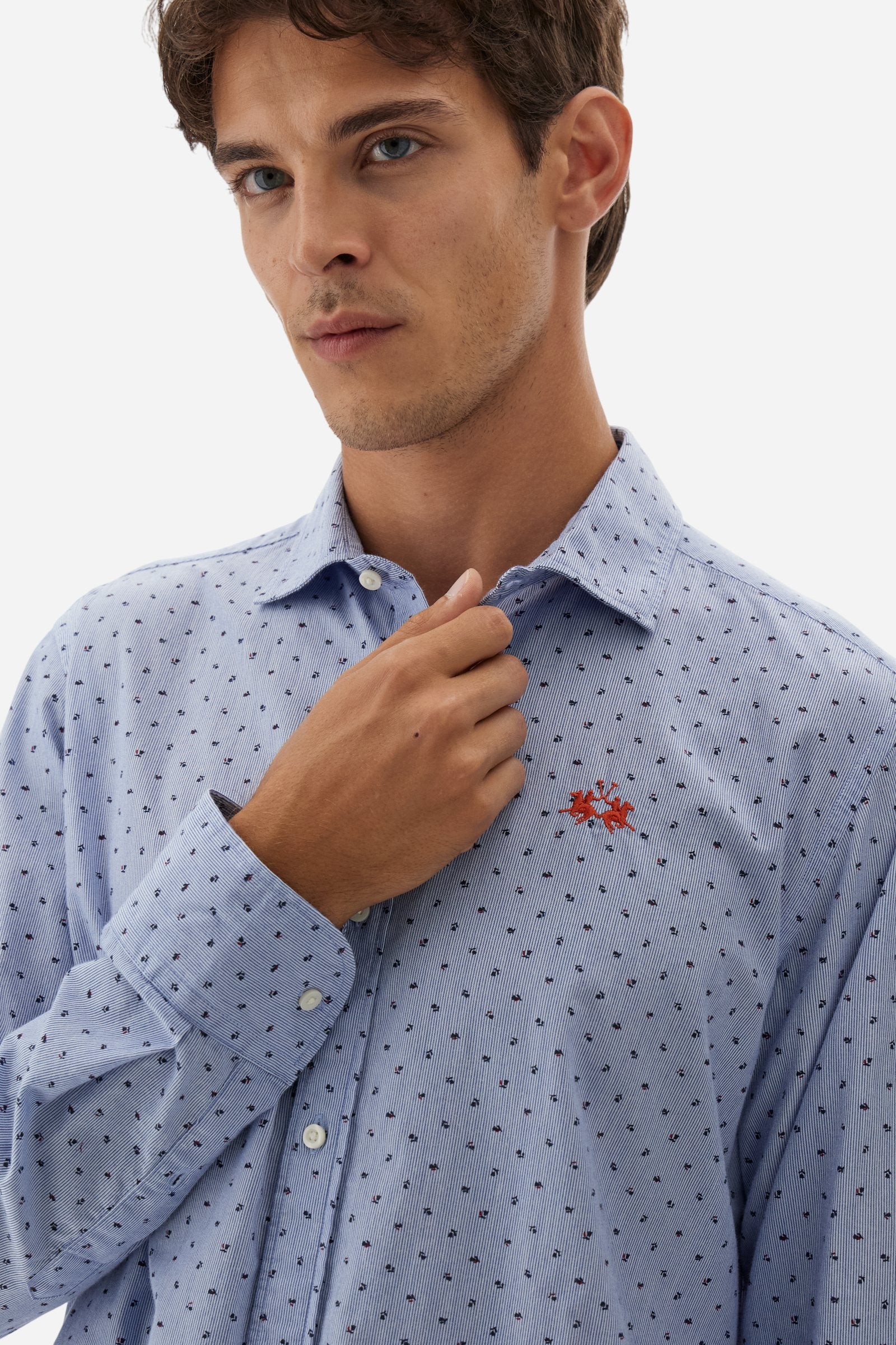 Men’s striped poplin shirt. Micro print contrast design with French collar and Argentina details inside collar. - Optic White/Navy