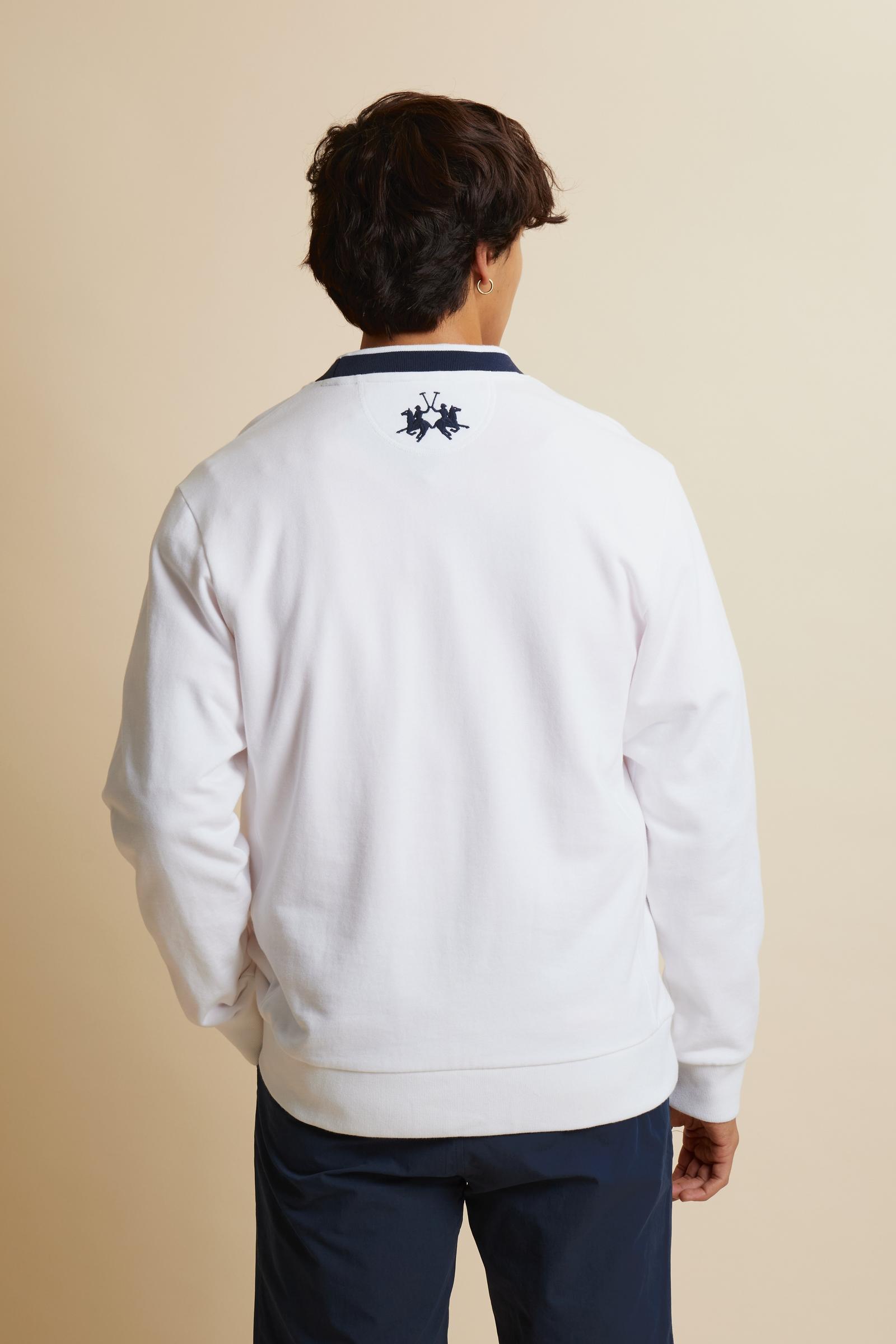 Men’s French Terry sweatshirt with contemporary fit, modern cut and hip-length design. Ribbed trim and contrast embroidery on the chest. - Optic White