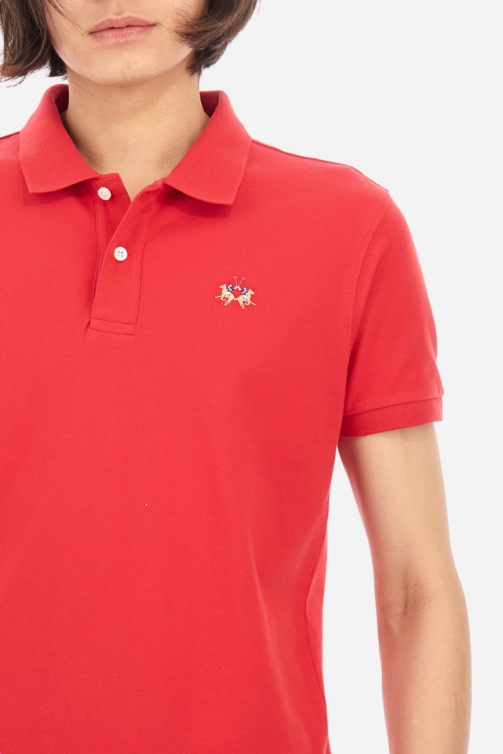 Men's short-sleeved, slim-fit polo shirt. A classic model with a contrasting embroidered La Martina logo-embellished chest. Perfect when worn with a pair of jeans from the collection. - Formula One