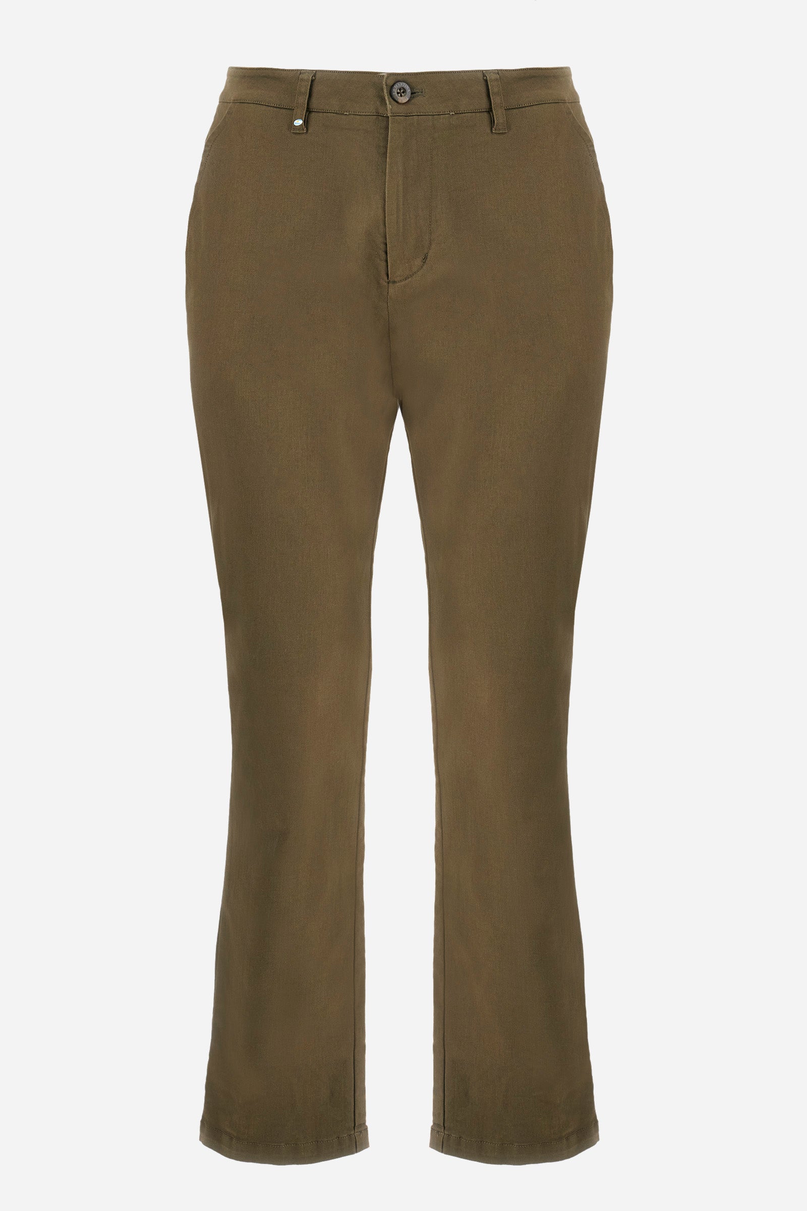 Men's single-colour chinos in elasticated cotton. With belt loops, zip and button fastening. There are two open front pockets and two closed back pockets. The logo is embroidered on the back. The fit is regular. The model wears a size 33. - Military Olive