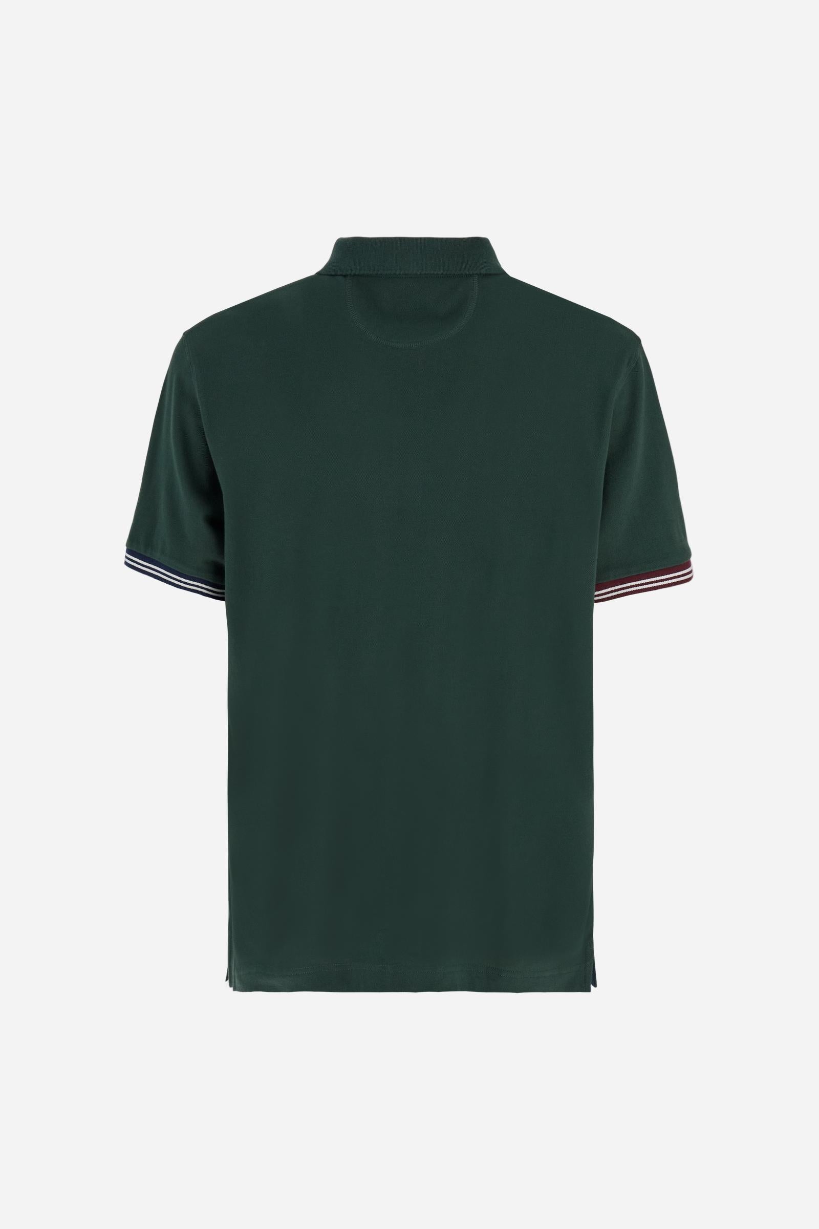 Men’s short-sleeve polo in high-quality stretch cotton piqué, ensuring excellent breathability and flexibility. Classic ribbed collar, two-button placket with customized buttons. Inner collar enriched with contrast tapes and colors for a modern touch. Multicolored ribbed cuffs with different patterns. Small contrast logo embroidered on the chest. Regular fit. Model wears size L. - Sycamore