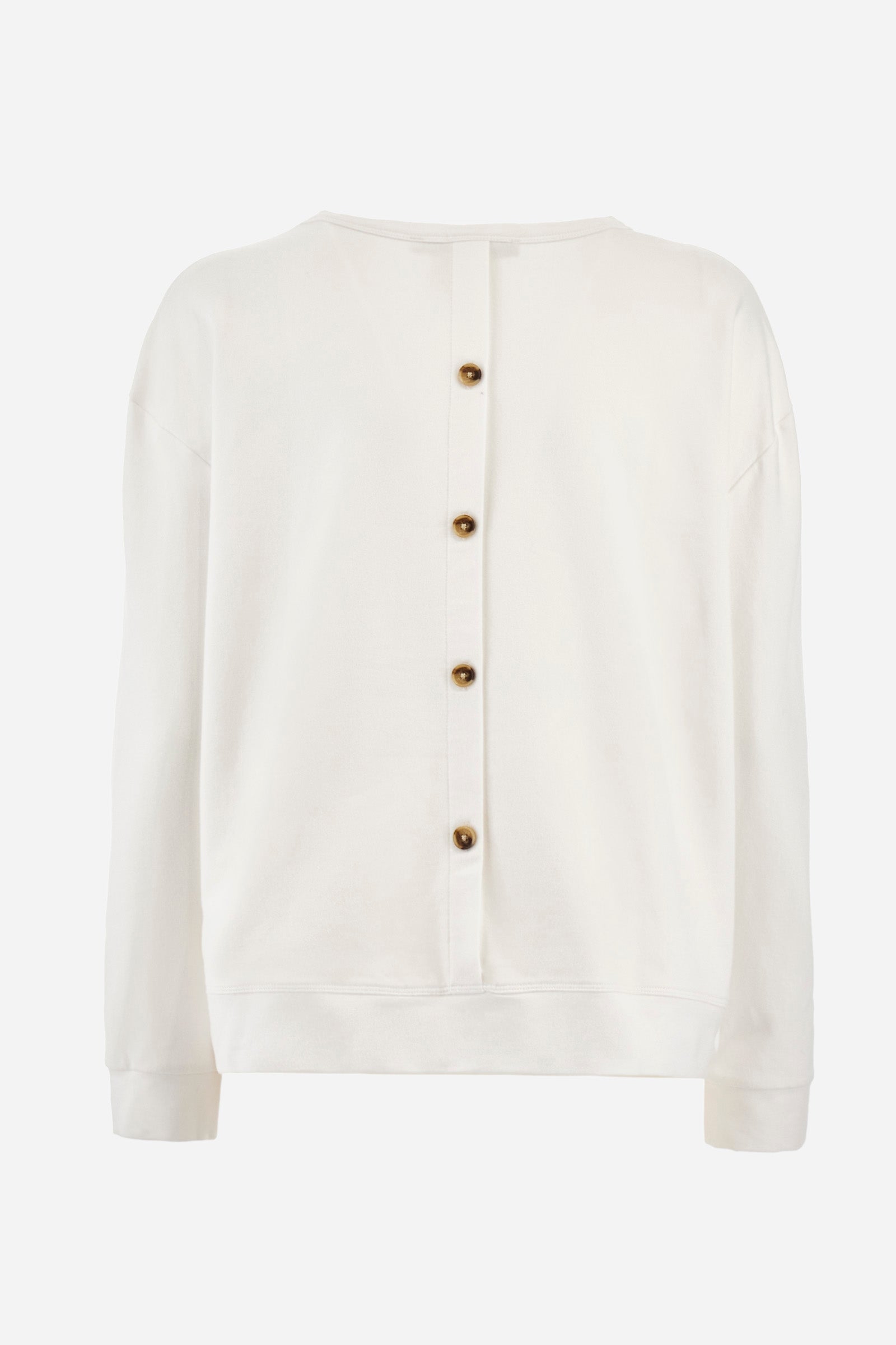 Women's long-sleeved sweatshirt with a crew neck in a single colour, in elasticated cotton. The front features embroidered palm trees and lettering. On the back there are decorative buttons. The logo is embroidered on one of the sleeves together with the symbol of a crown. The fit is regular. The model wears a size 2. - Off White